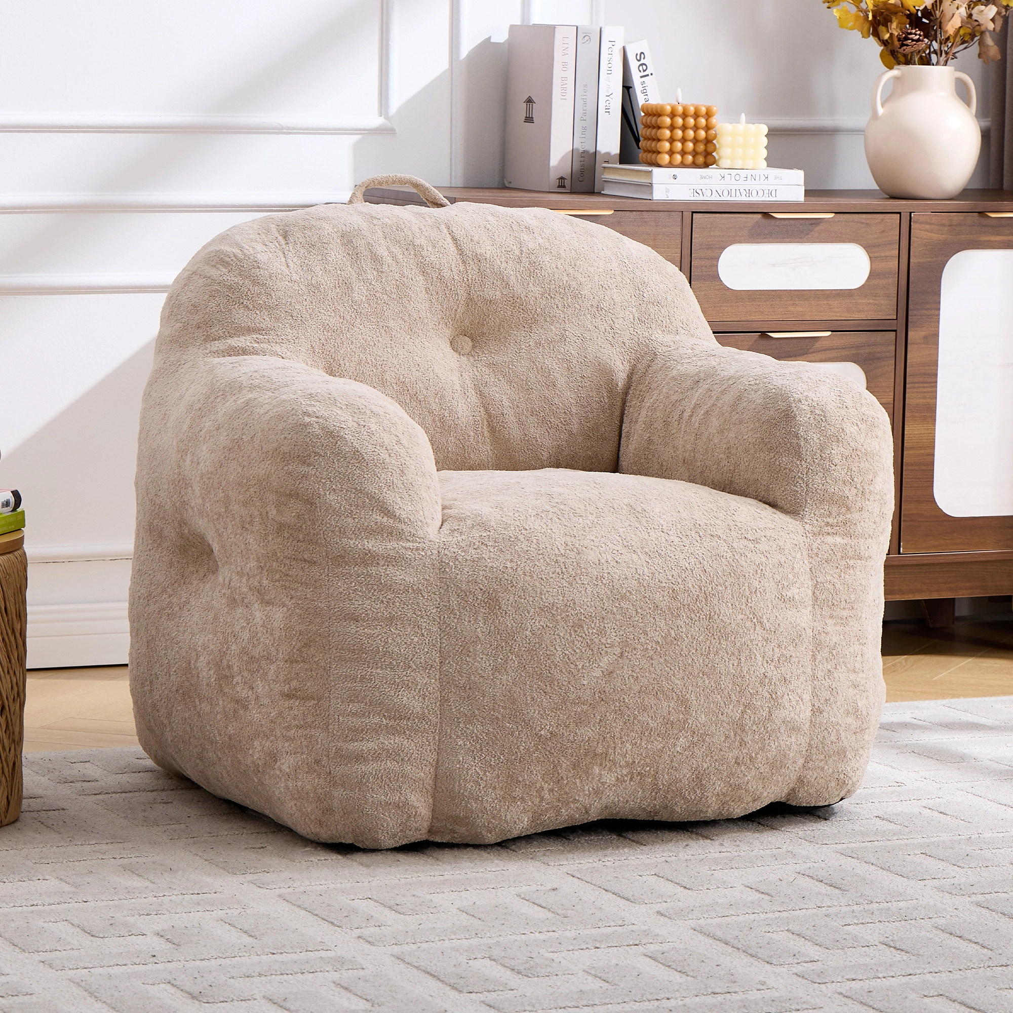 Faux Fur Bean Bag Chair with Armrests,Shredded Sponge Filler,Comfy Sofa for Living Room Bedroom No Assembly Required Beige