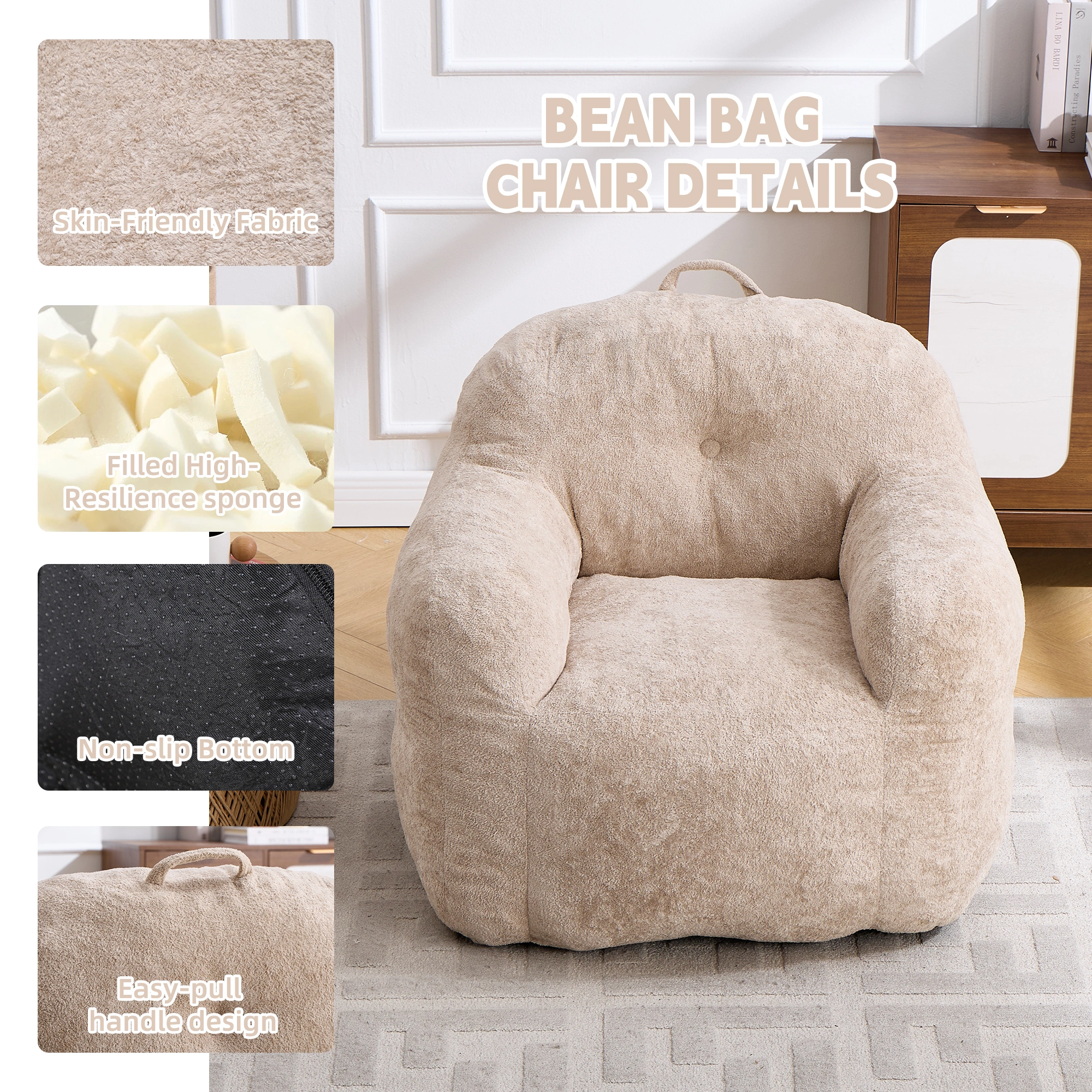 Faux Fur Bean Bag Chair with Armrests,Shredded Sponge Filler,Comfy Sofa for Living Room Bedroom No Assembly Required Beige view 4