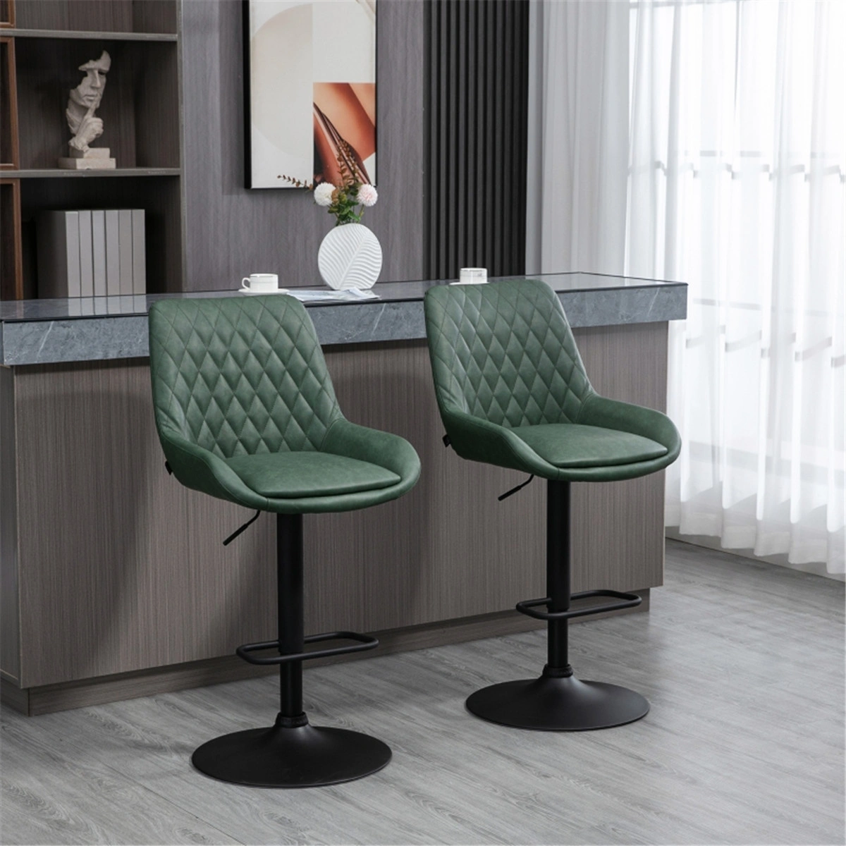 Industrial Bar Stool, Dining Chair & Office Chair, Set of 2, 30" Counter Height, Faux Leather, Wide Seat, Footrest, Rustic Brown