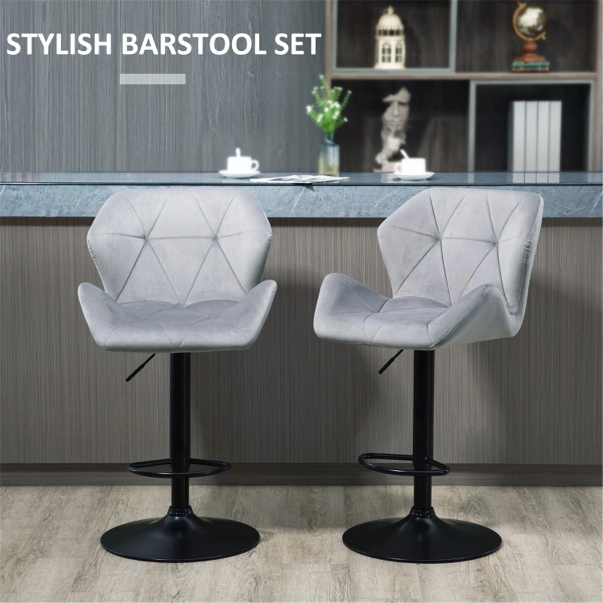 Modern Bar Stools Set of 2, 24" Counter Height Dining Chair with Padded Seat, Black Metal Frame Office Chair for Kitchen Island