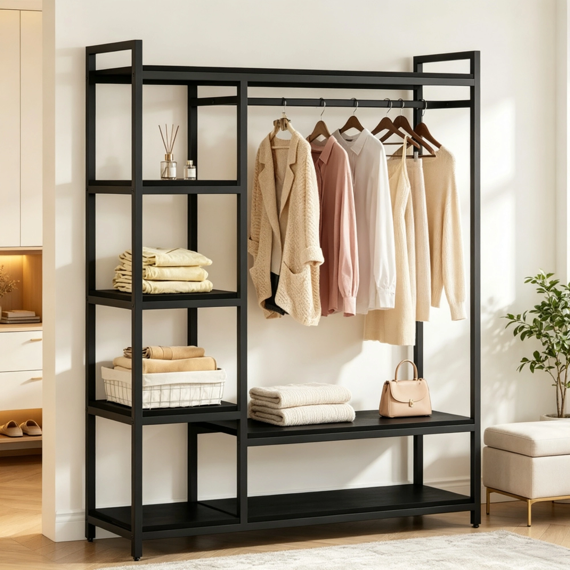 Freestanding Wardrobe Organizer with 6 Shelves & Hanging Rod, Adjustable Closet Storage Cabinet for Bedroom Living Room