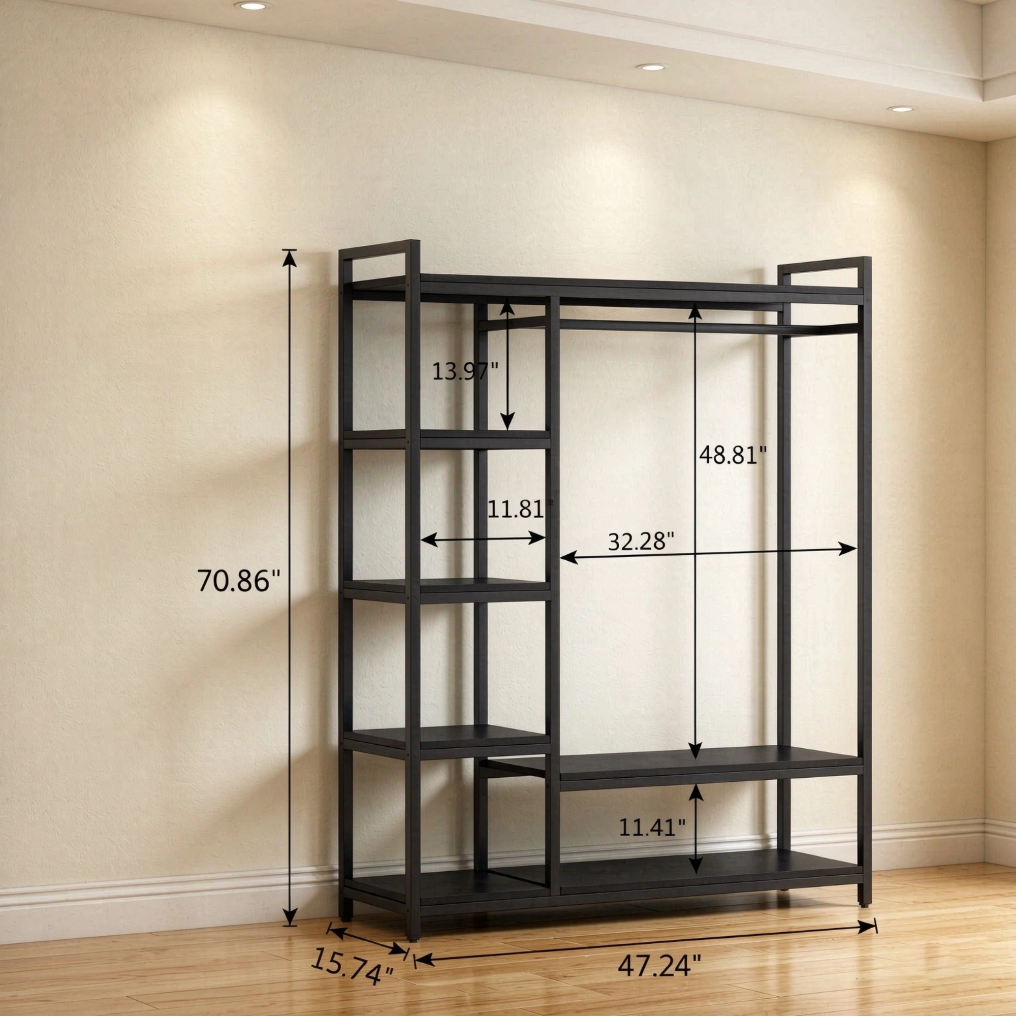 Freestanding Wardrobe Organizer with 6 Shelves & Hanging Rod, Adjustable Closet Storage Cabinet for Bedroom Living Room view 5