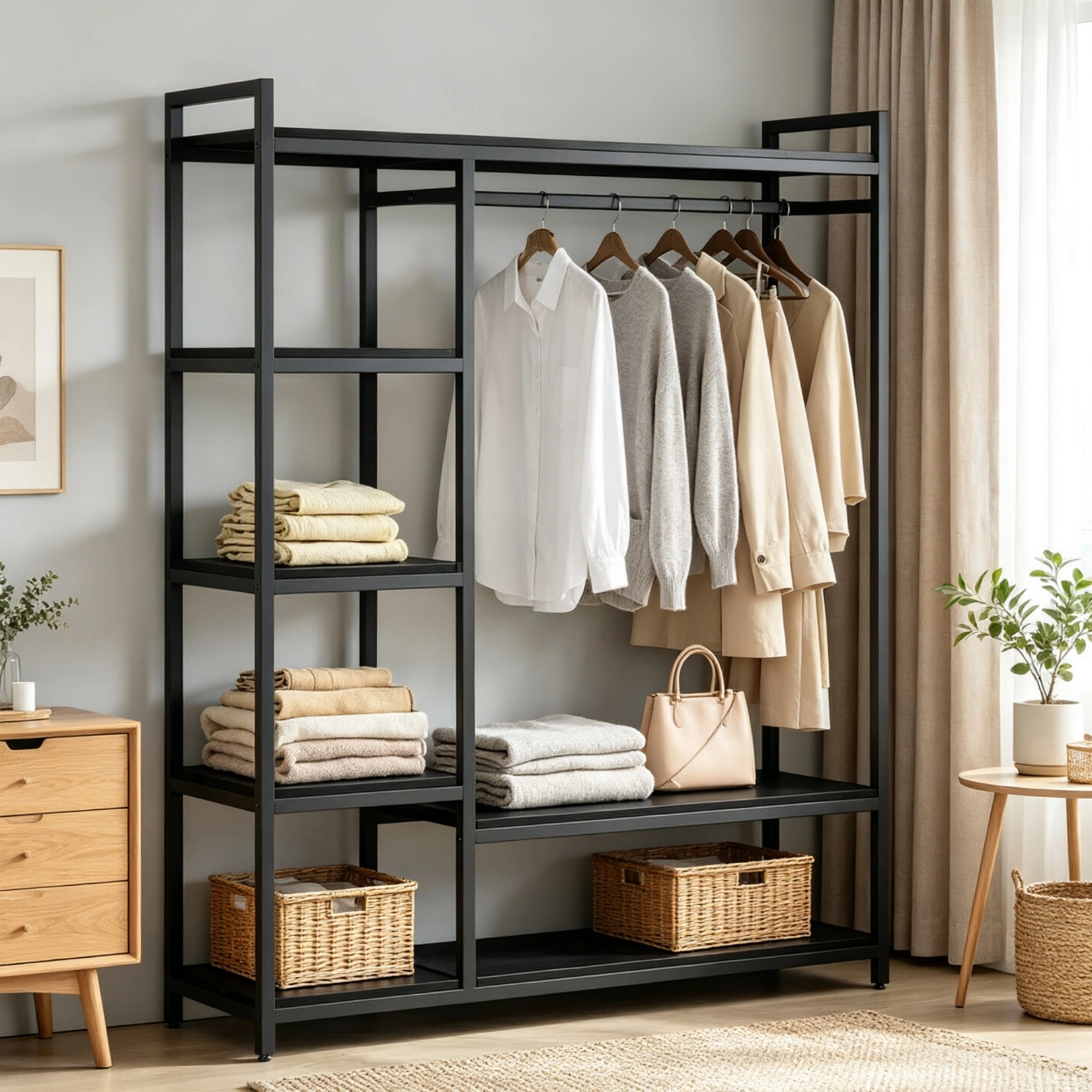 Freestanding Wardrobe Organizer with 6 Shelves & Hanging Rod, Adjustable Closet Storage Cabinet for Bedroom Living Room view 6