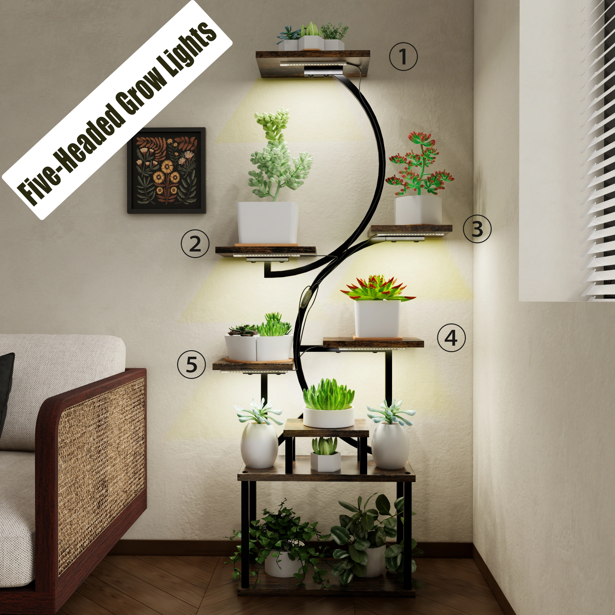 8-Tier Plant Stand with 5 Grow Lights, 10-Level Dimming, Thickened 0.8mm Steel Pipe for Indoor Living Room Garden Home view 11