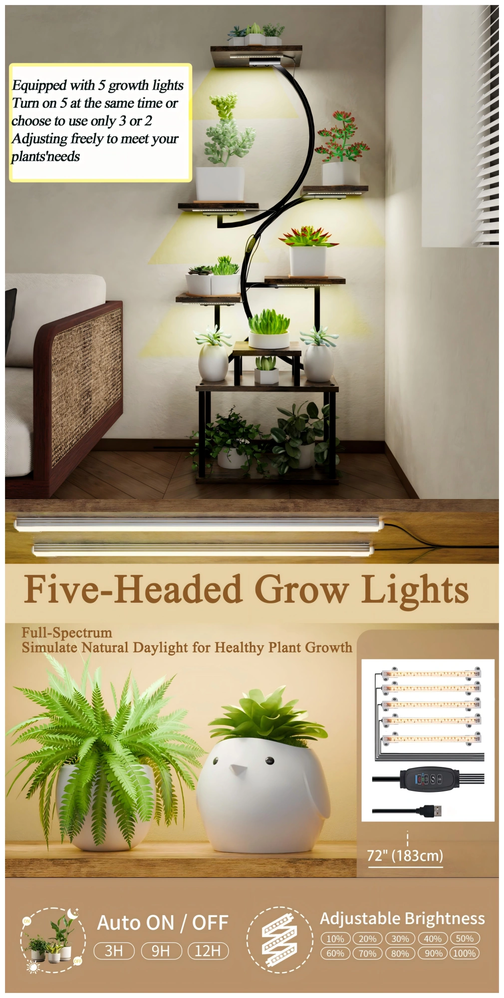 8-Tier Plant Stand with 5 Grow Lights, 10-Level Dimming, Thickened 0.8mm Steel Pipe for Indoor Living Room Garden Home view 15