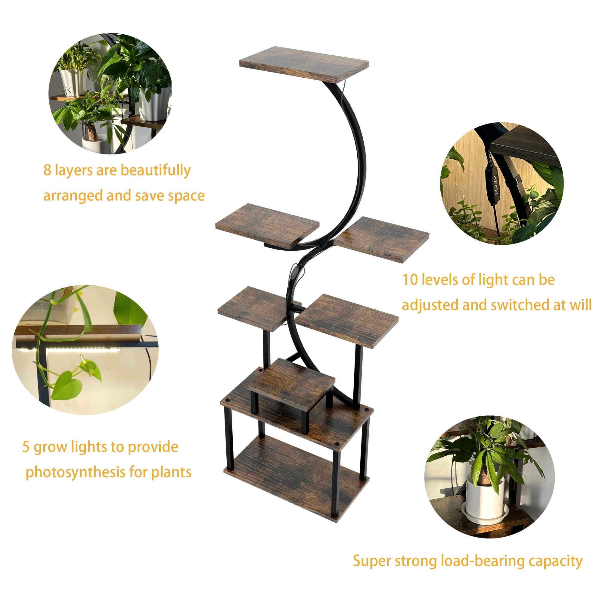 8-Tier Plant Stand with 5 Grow Lights, 10-Level Dimming, Thickened 0.8mm Steel Pipe for Indoor Living Room Garden Home view 3