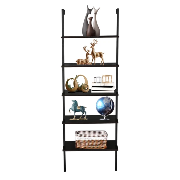 5-layer wall-mounted household steel-wood shelf, density board, iron frame, 61*30.5*182.88cm, black walnut color board, black frame view 2