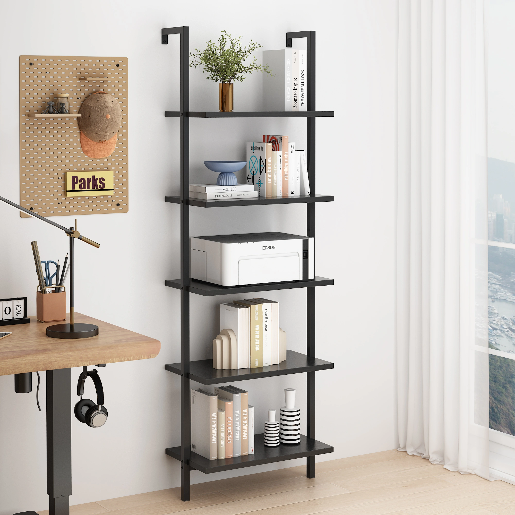 5-layer wall-mounted household steel-wood shelf, density board, iron frame, 61*30.5*182.88cm, black walnut color board, black frame