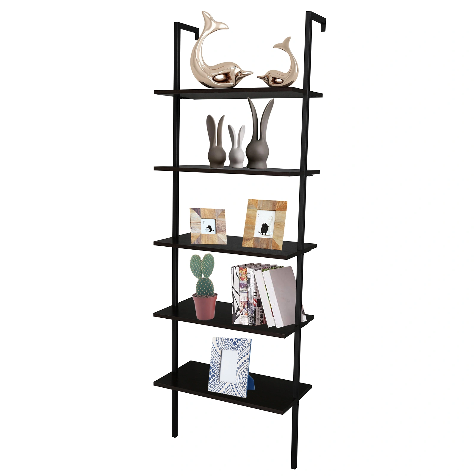 5-layer wall-mounted household steel-wood shelf, density board, iron frame, 61*30.5*182.88cm, black walnut color board, black frame view 10