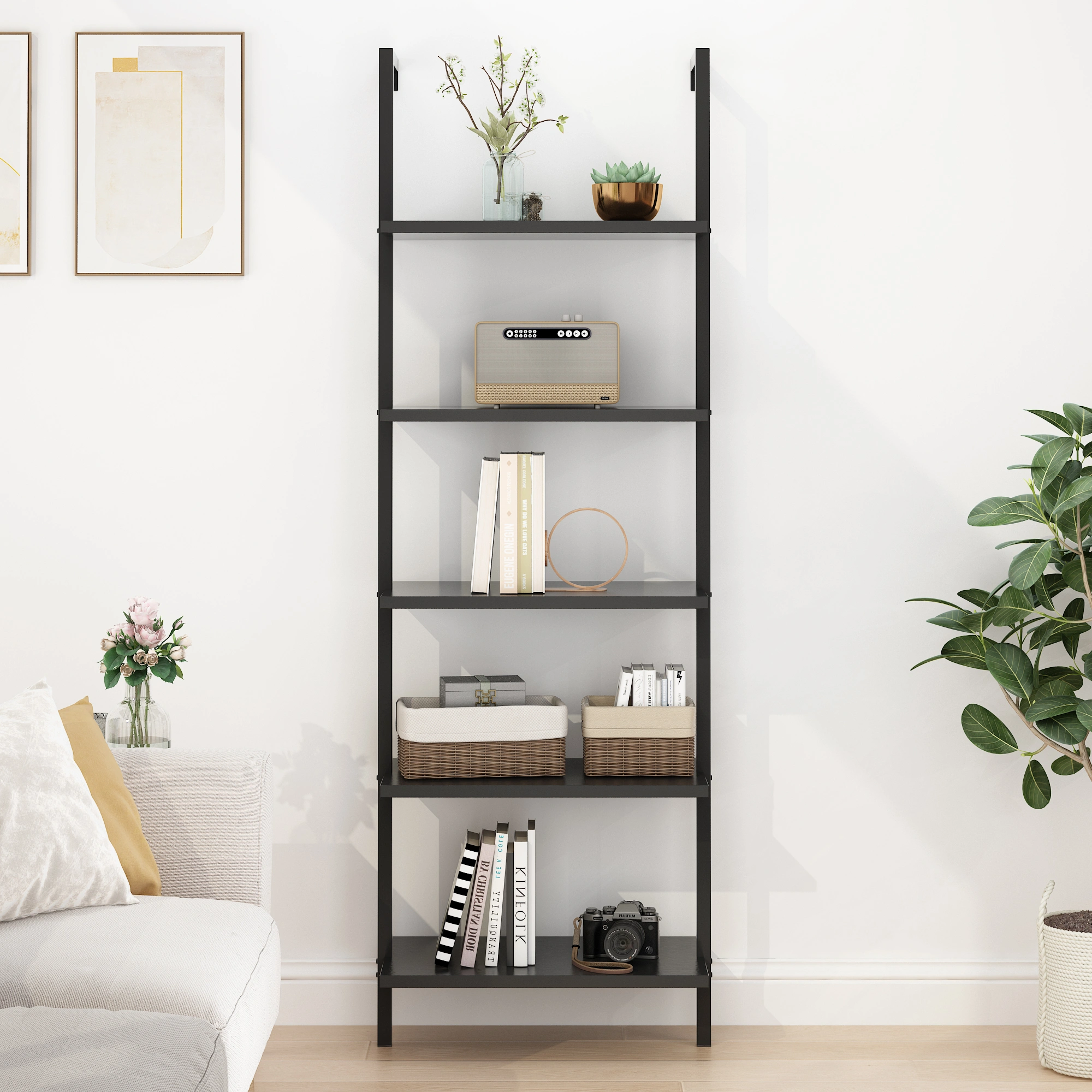 5-layer wall-mounted household steel-wood shelf, density board, iron frame, 61*30.5*182.88cm, black walnut color board, black frame view 13