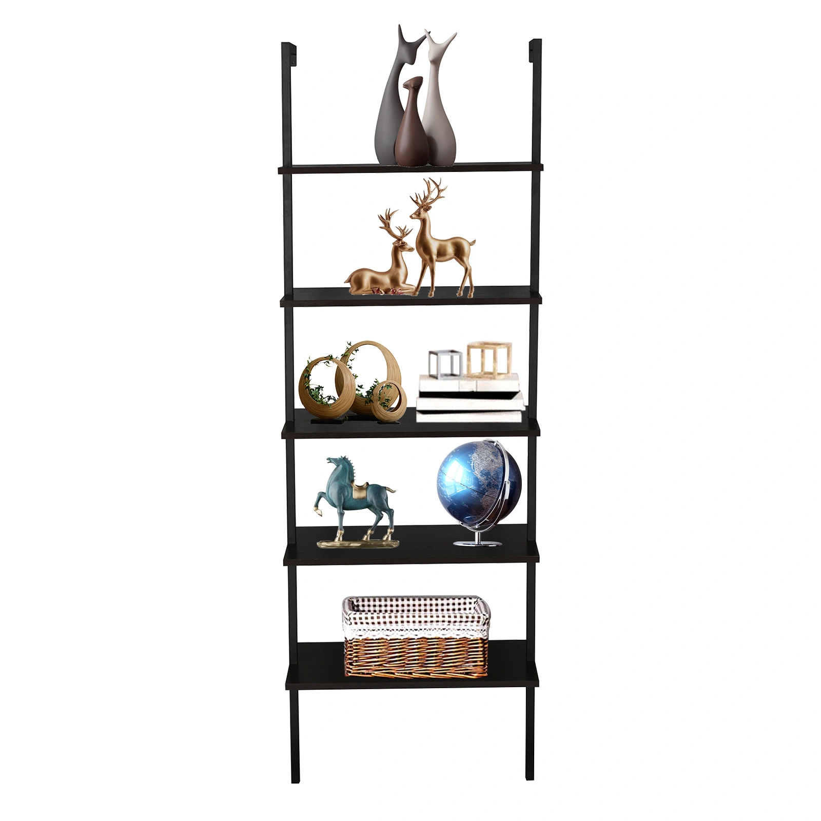 5-layer wall-mounted household steel-wood shelf, density board, iron frame, 61*30.5*182.88cm, black walnut color board, black frame view 2