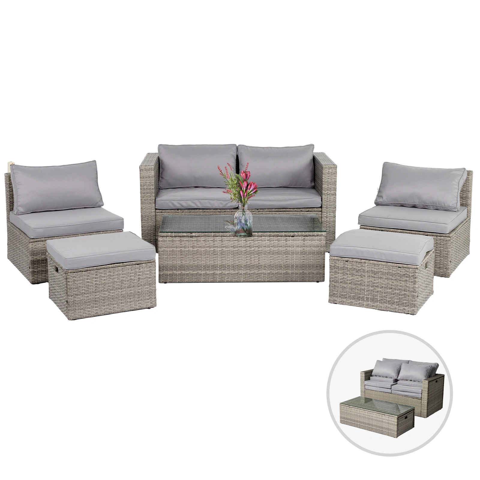 2pcs armless sofa + 2pcs footstool + 1pcs double sofa + 1pcs coffee table with storage, gray gradient rattan, gray cushion, rattan multi-piece set