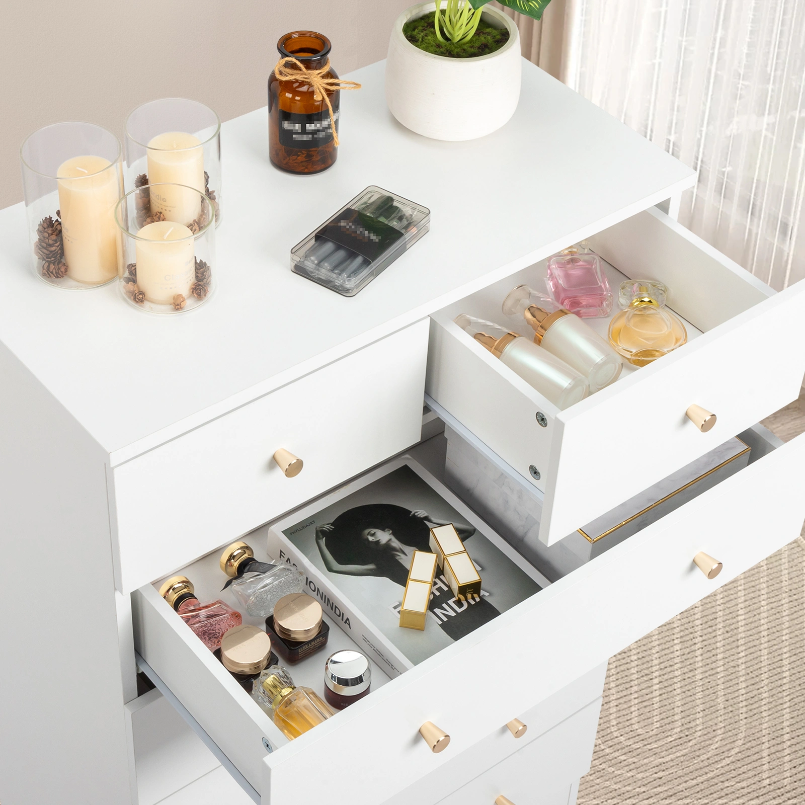 Modern 6-Drawer Dresser Cabinet, Simple White Bedroom Storage Console with Smooth Glide Drawers view 3