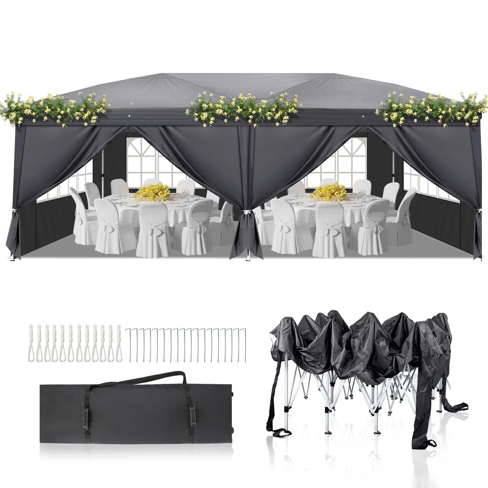 10'x20' Pop Up Canopy Tent, 210D Oxford Instant Gazebo w/ 6 Removable Sidewalls & 4 Windows, Powder Coated Iron Frame, Carry Bag, Dark Gray for Outdoor Patio Wedding Party Shelter