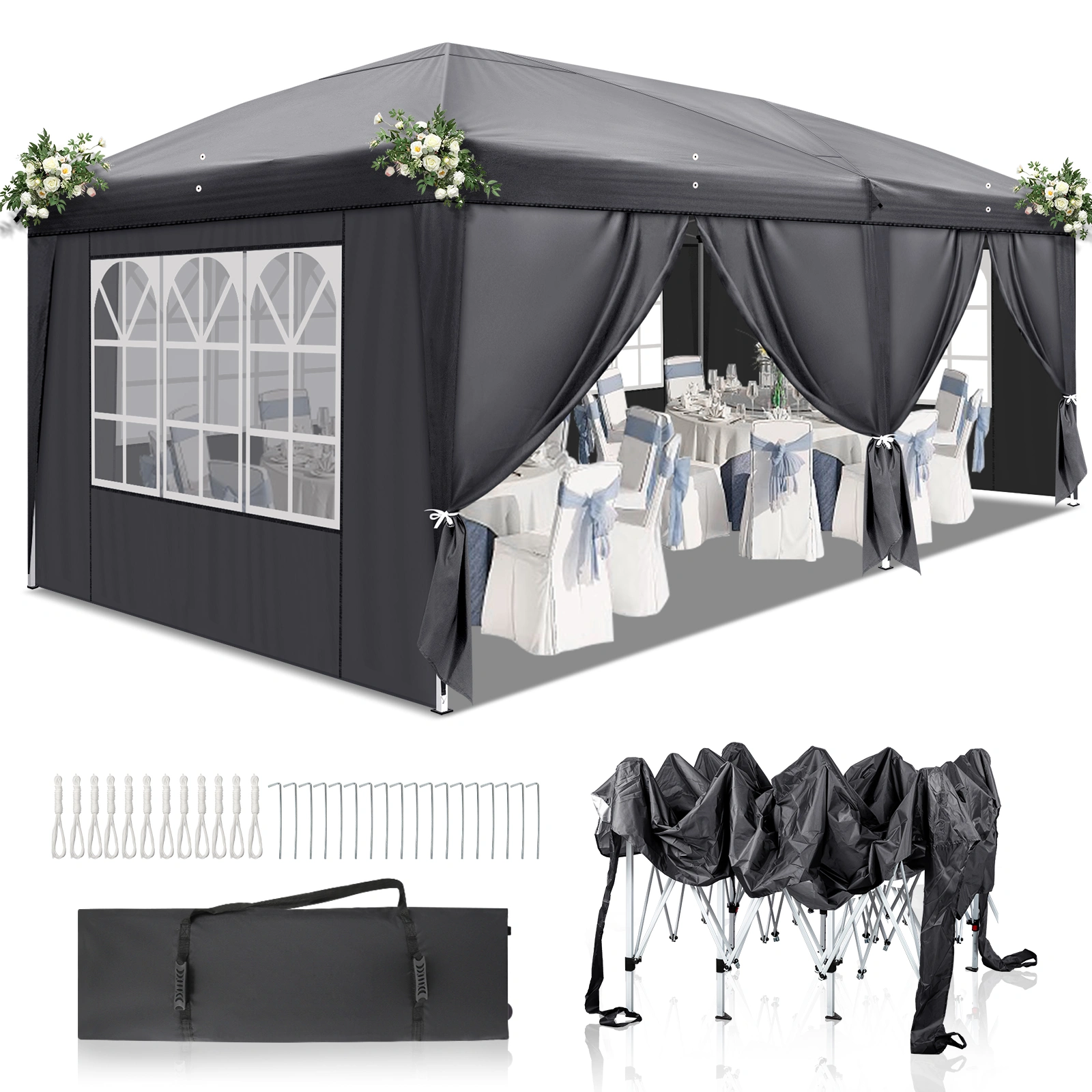 10'x20' Pop Up Canopy Tent, 210D Oxford Instant Gazebo w/ 6 Removable Sidewalls & 4 Windows, Powder Coated Iron Frame, Carry Bag, Dark Gray for Outdoor Patio Wedding Party Shelter view 3