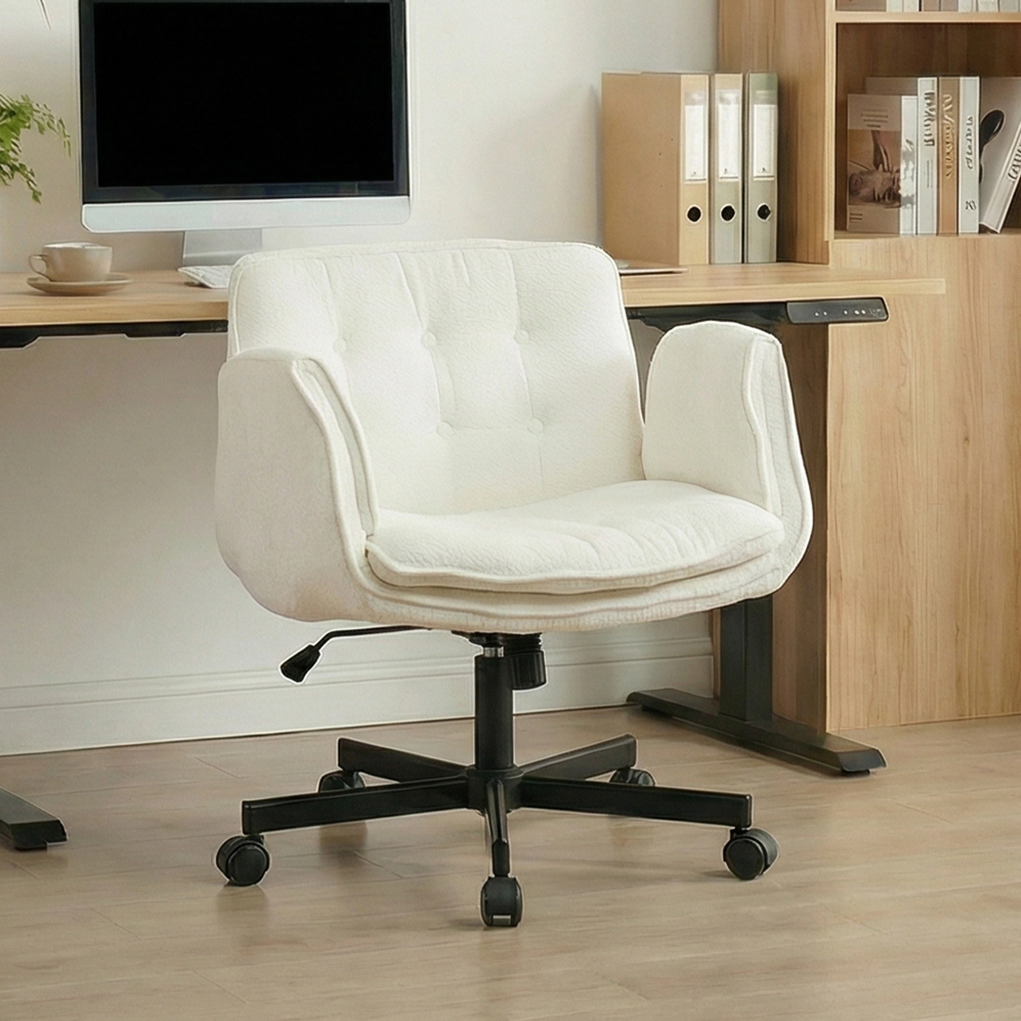 Gaming Office Chair with Footrest, Height Adjustable Swivel Desk Chair with Foldable Armrests & Casters, White