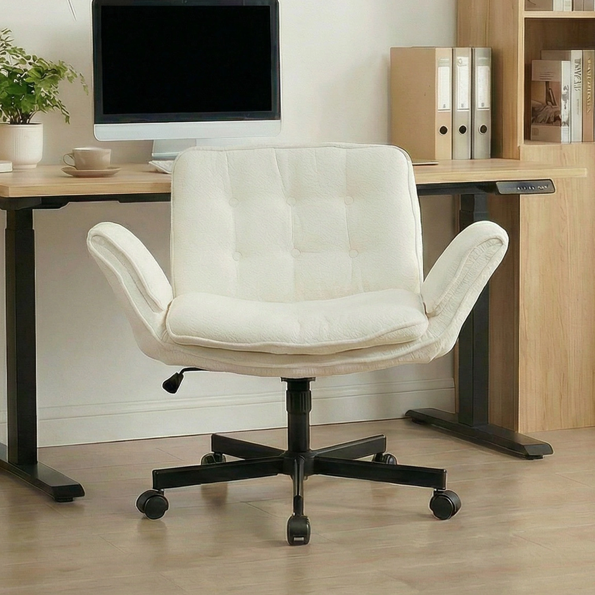 Gaming Office Chair with Footrest, Height Adjustable Swivel Desk Chair with Foldable Armrests & Casters, White view 2