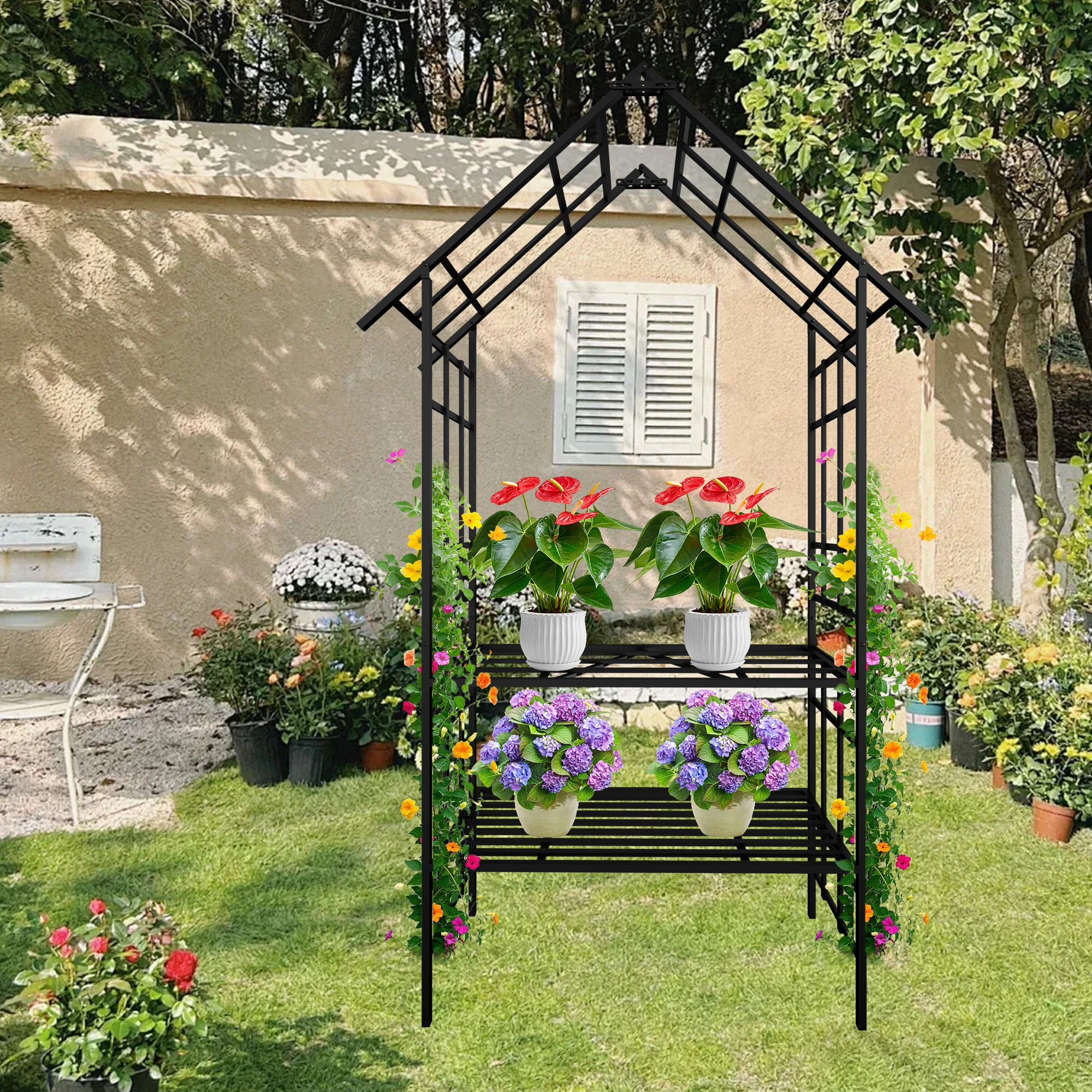 Metal Garden Arch with Bench, Black Flower Stand & Climbing Plant Support, Rose Arch for Outdoor, W58.07 x H97.24 Inch