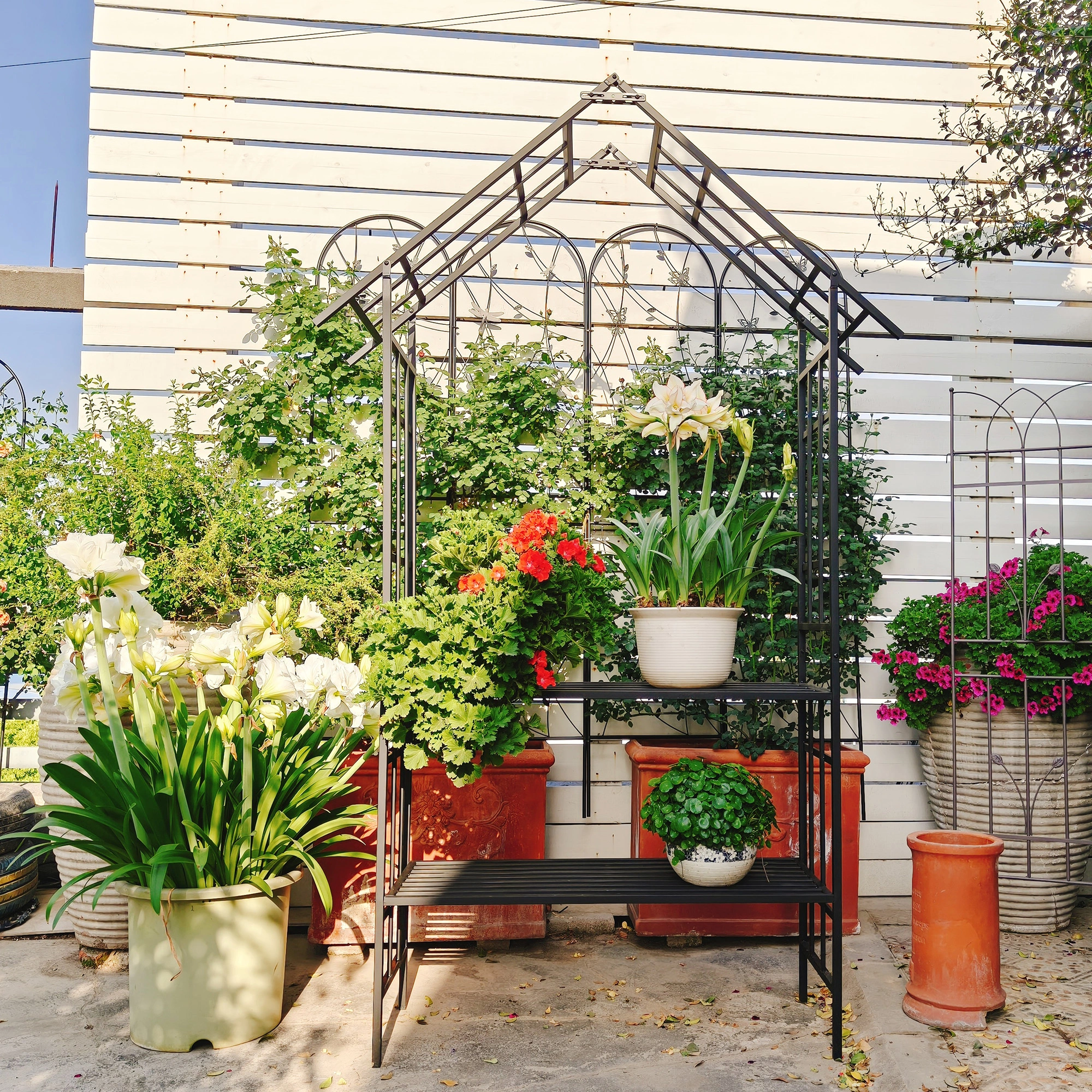 Metal Garden Arch with Bench, Black Flower Stand & Climbing Plant Support, Rose Arch for Outdoor, W58.07 x H97.24 Inch view 10