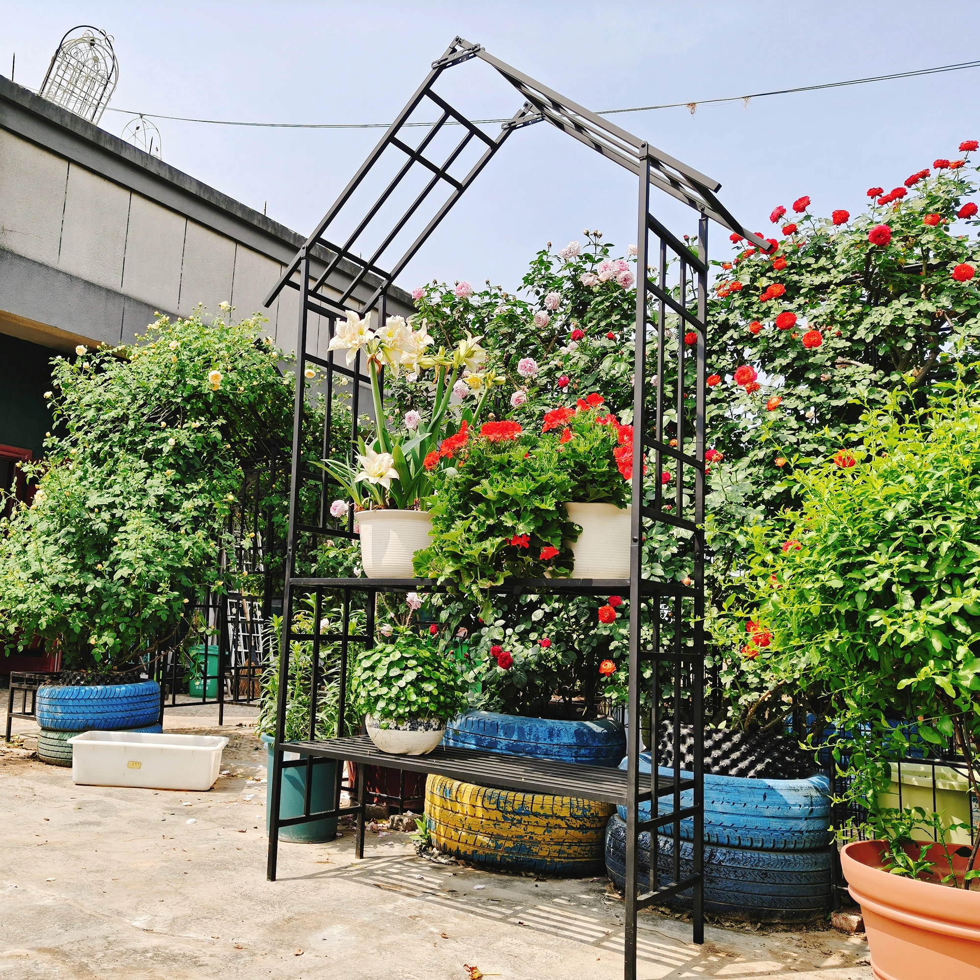 Metal Garden Arch with Bench, Black Flower Stand & Climbing Plant Support, Rose Arch for Outdoor, W58.07 x H97.24 Inch view 11