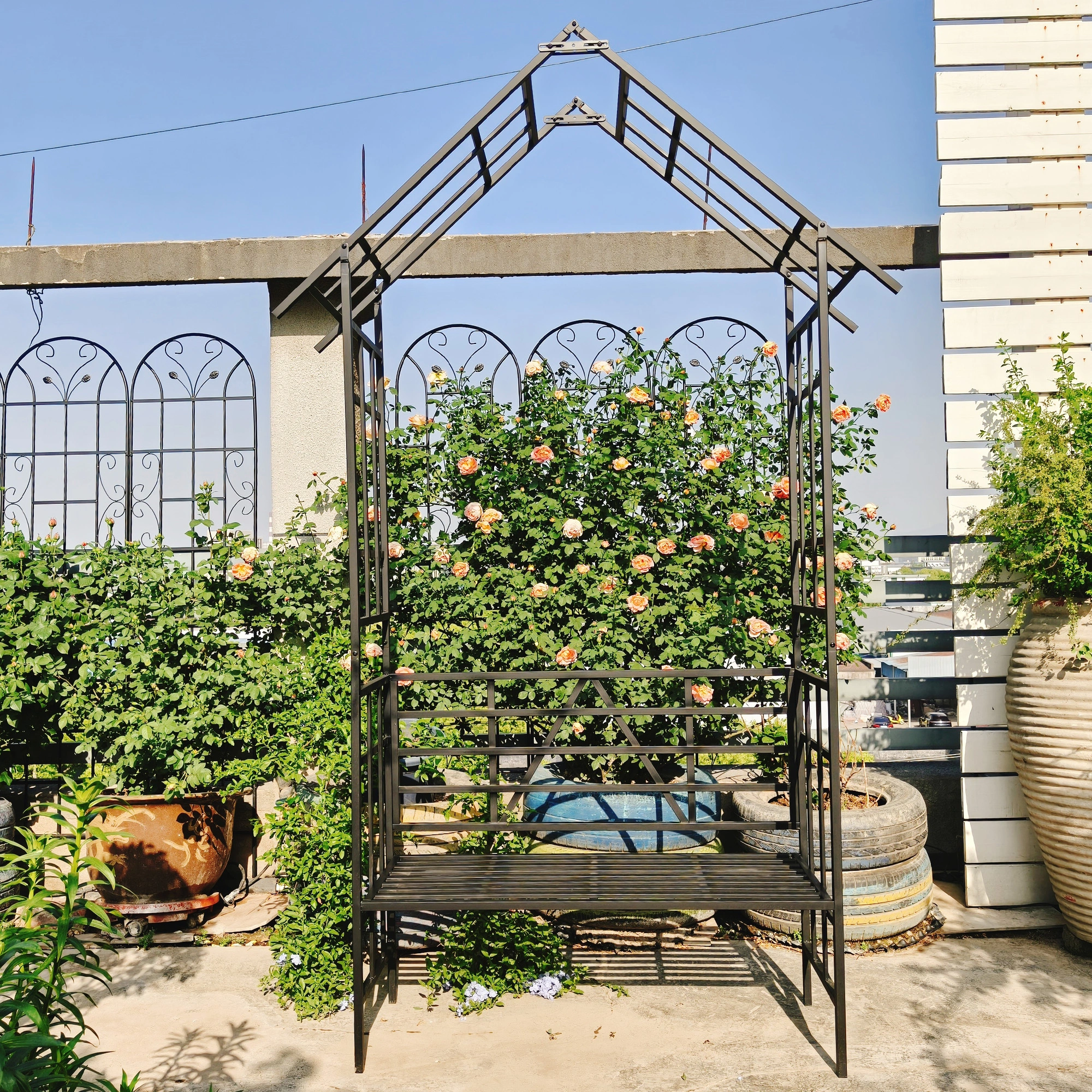 Metal Garden Arch with Bench, Black Flower Stand & Climbing Plant Support, Rose Arch for Outdoor, W58.07 x H97.24 Inch view 13
