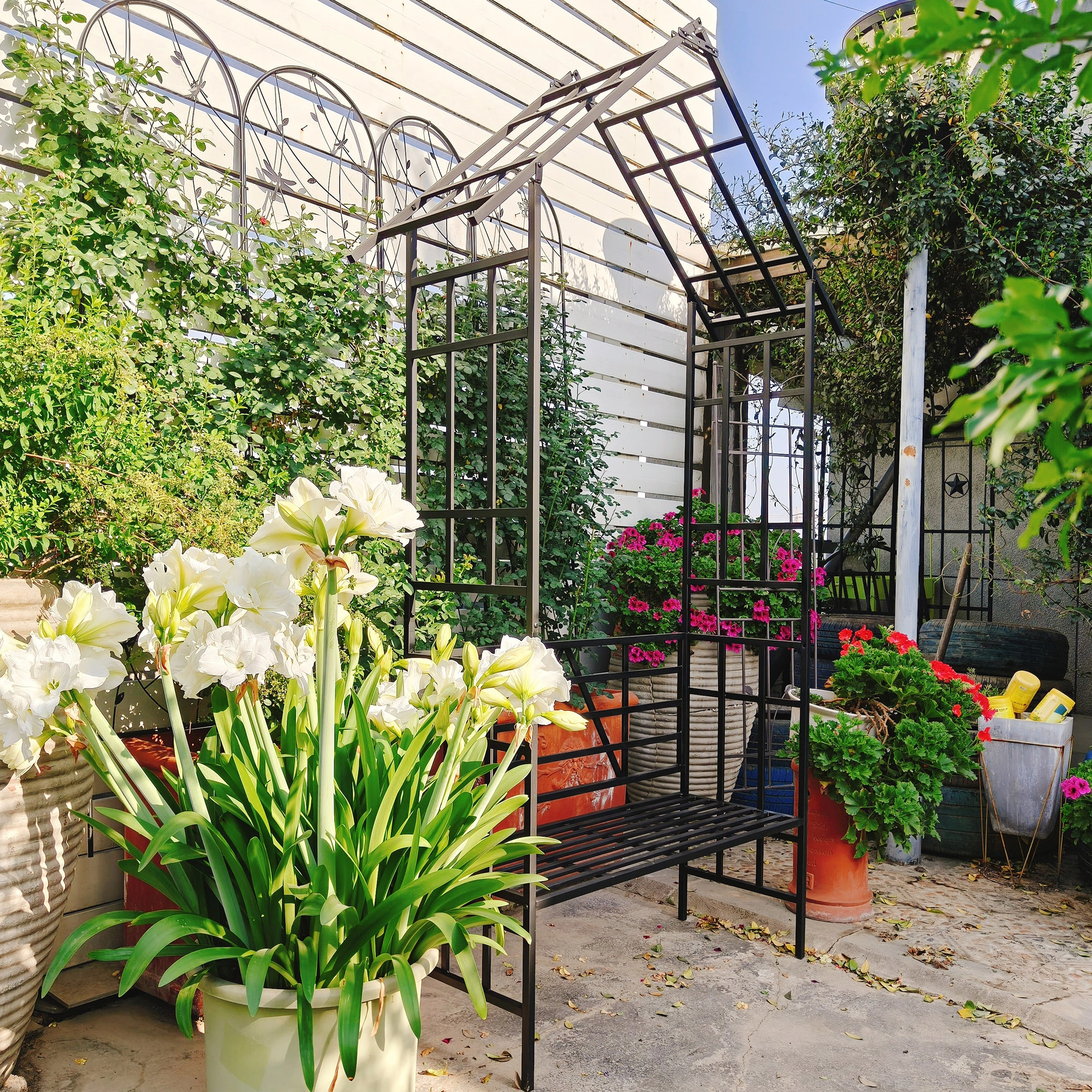 Metal Garden Arch with Bench, Black Flower Stand & Climbing Plant Support, Rose Arch for Outdoor, W58.07 x H97.24 Inch view 15