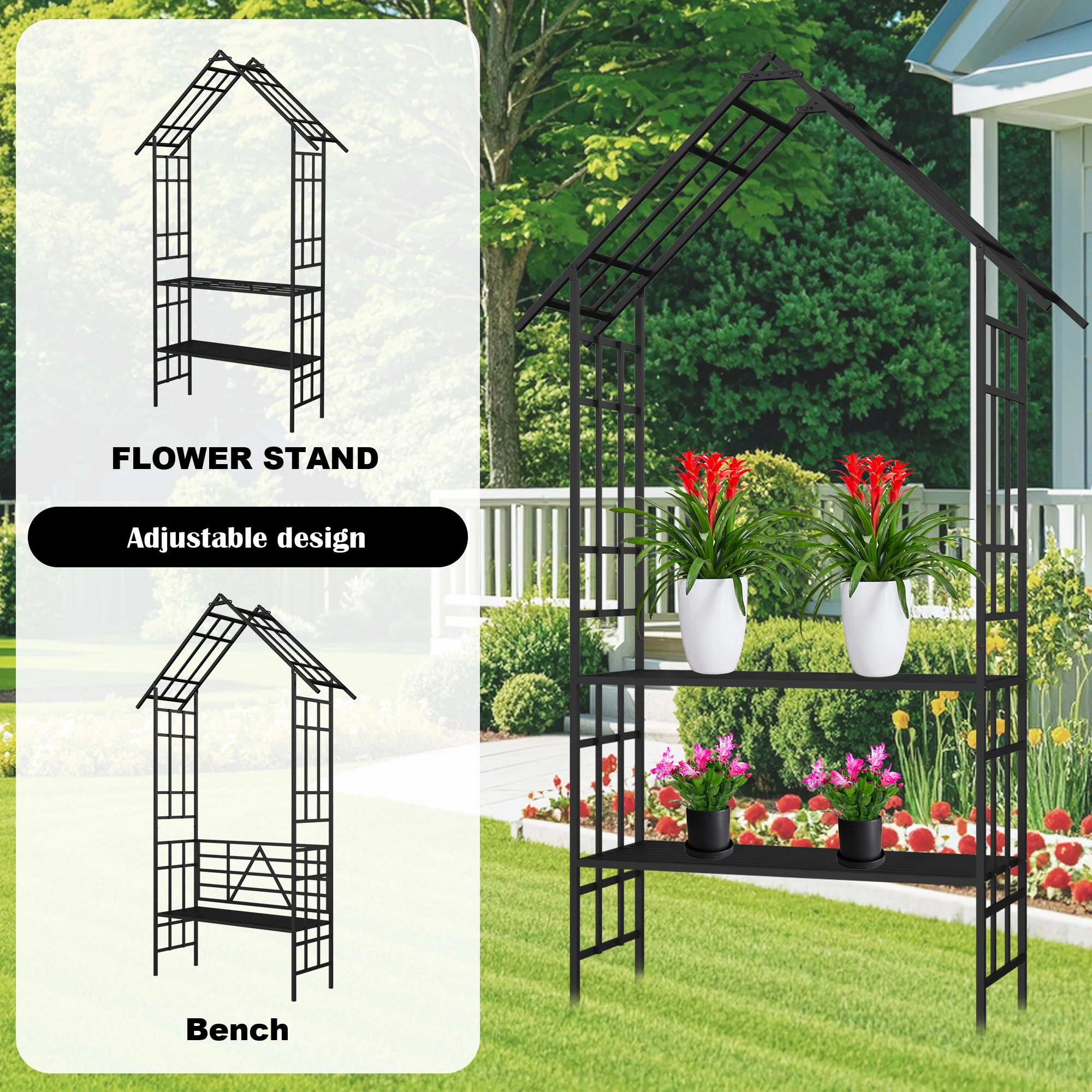 Metal Garden Arch with Bench, Black Flower Stand & Climbing Plant Support, Rose Arch for Outdoor, W58.07 x H97.24 Inch view 16