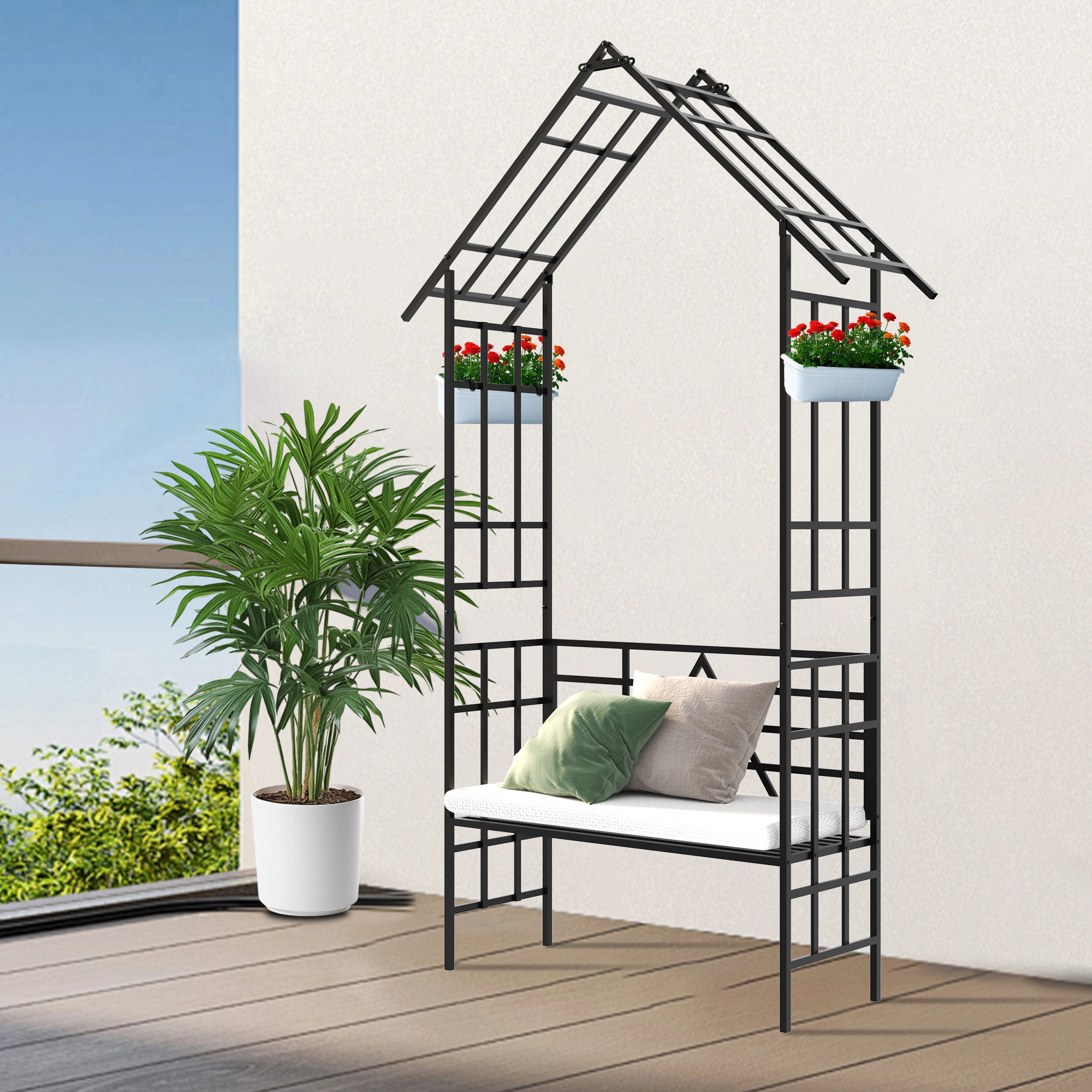 Metal Garden Arch with Bench, Black Flower Stand & Climbing Plant Support, Rose Arch for Outdoor, W58.07 x H97.24 Inch view 2
