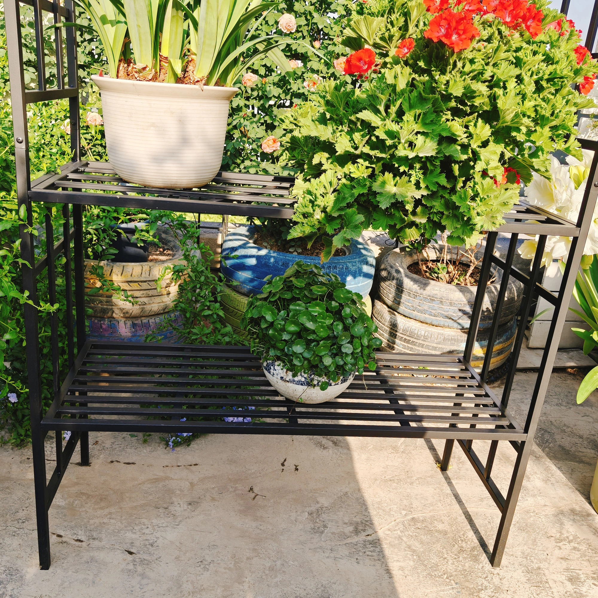 Metal Garden Arch with Bench, Black Flower Stand & Climbing Plant Support, Rose Arch for Outdoor, W58.07 x H97.24 Inch view 3