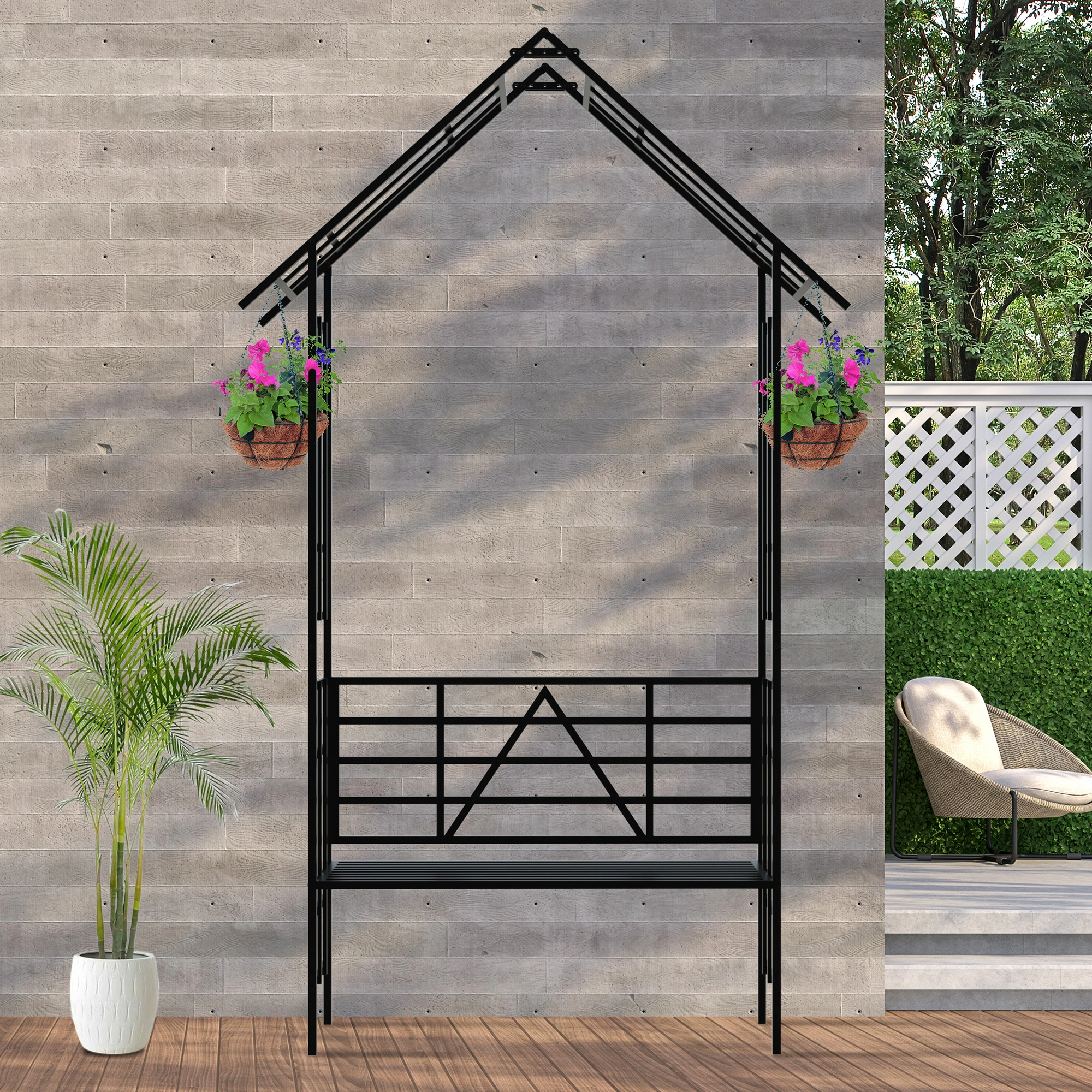 Metal Garden Arch with Bench, Black Flower Stand & Climbing Plant Support, Rose Arch for Outdoor, W58.07 x H97.24 Inch view 9