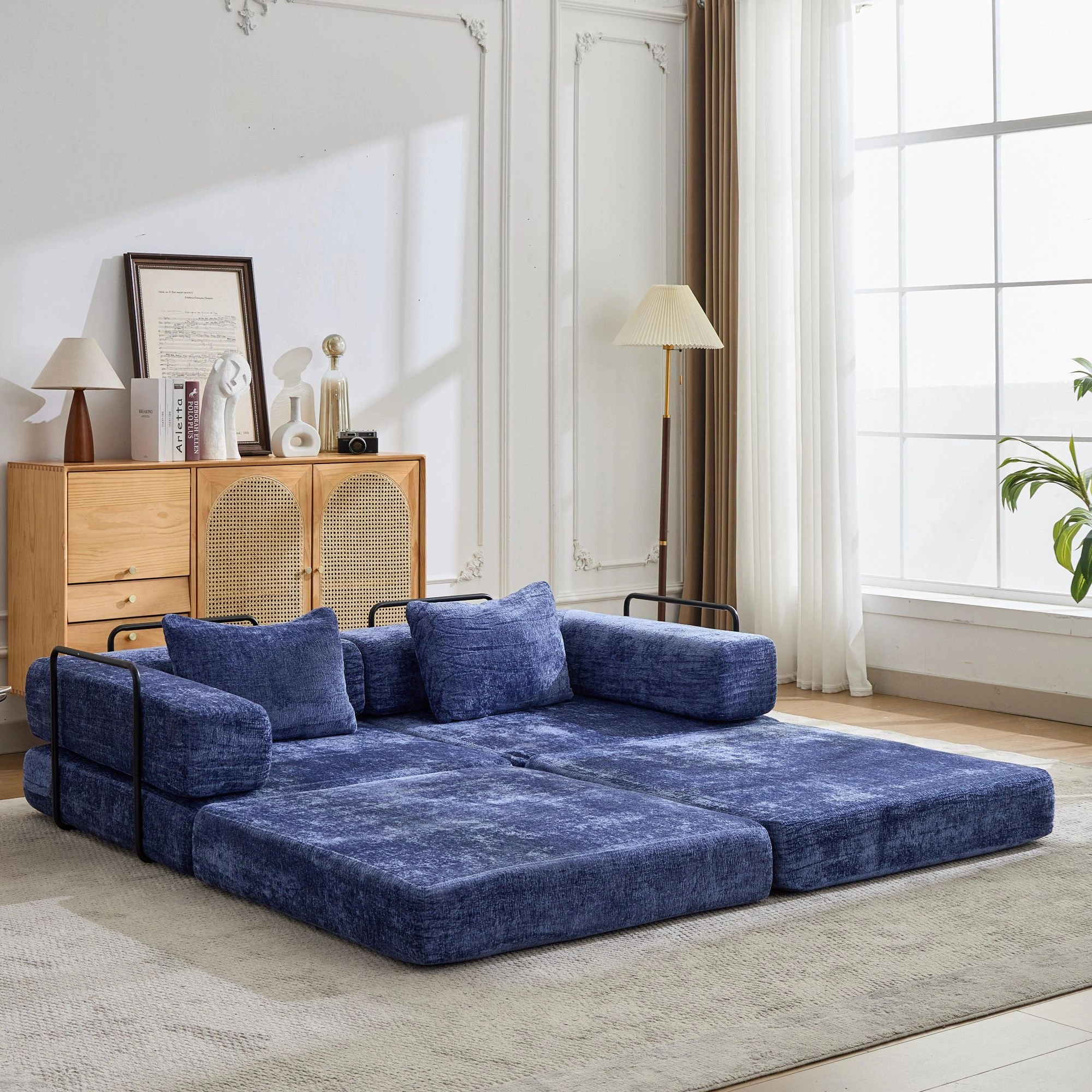 Compression Sofa,Convertible Floor Sofa Bed with Fixed-Shape Frame, Loveseats Boneless Modular Sectional Sofa,No Assembly Required,Chenille fabric,for Living Room Bedroom,Dark Blue view 2
