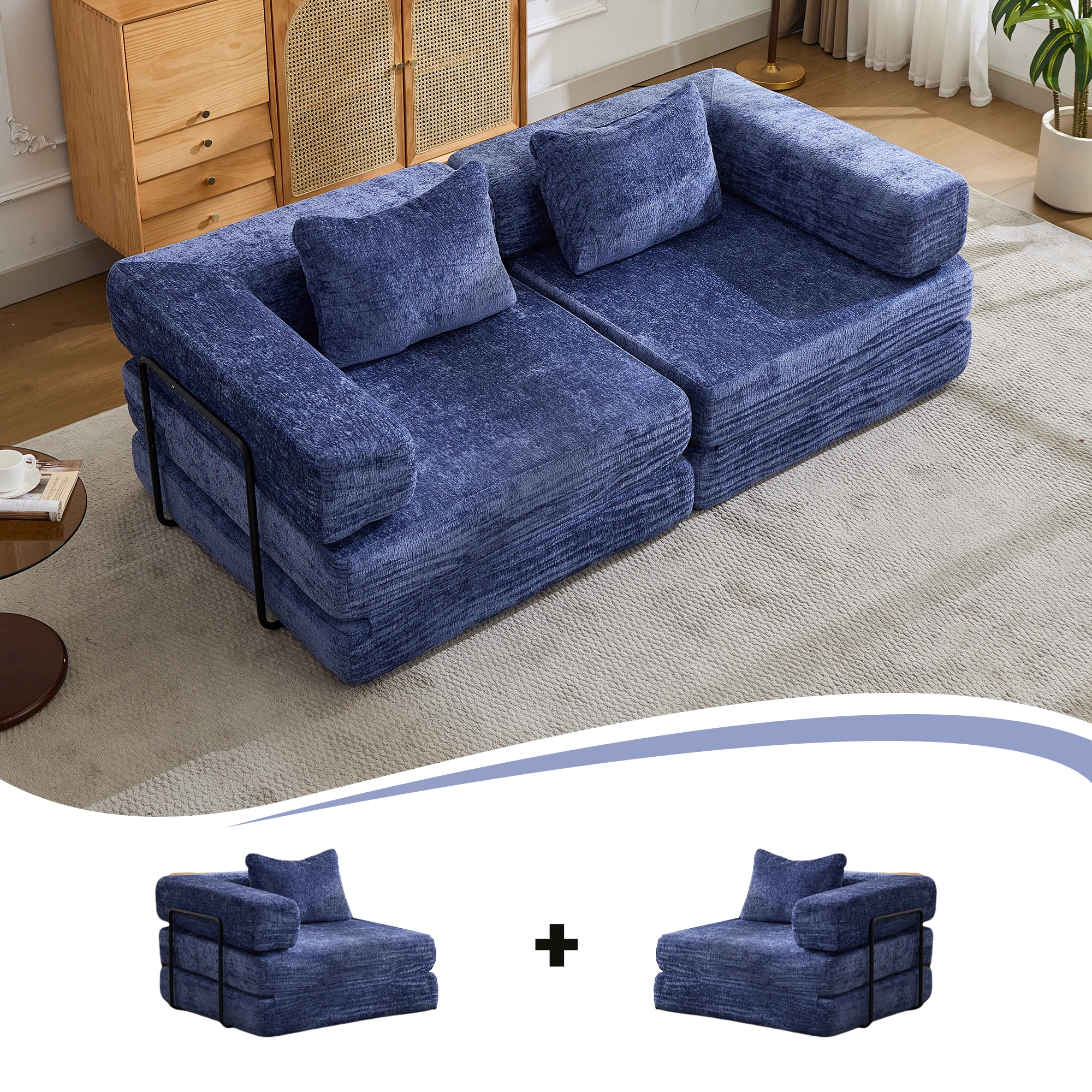 Compression Sofa,Convertible Floor Sofa Bed with Fixed-Shape Frame, Loveseats Boneless Modular Sectional Sofa,No Assembly Required,Chenille fabric,for Living Room Bedroom,Dark Blue view 4