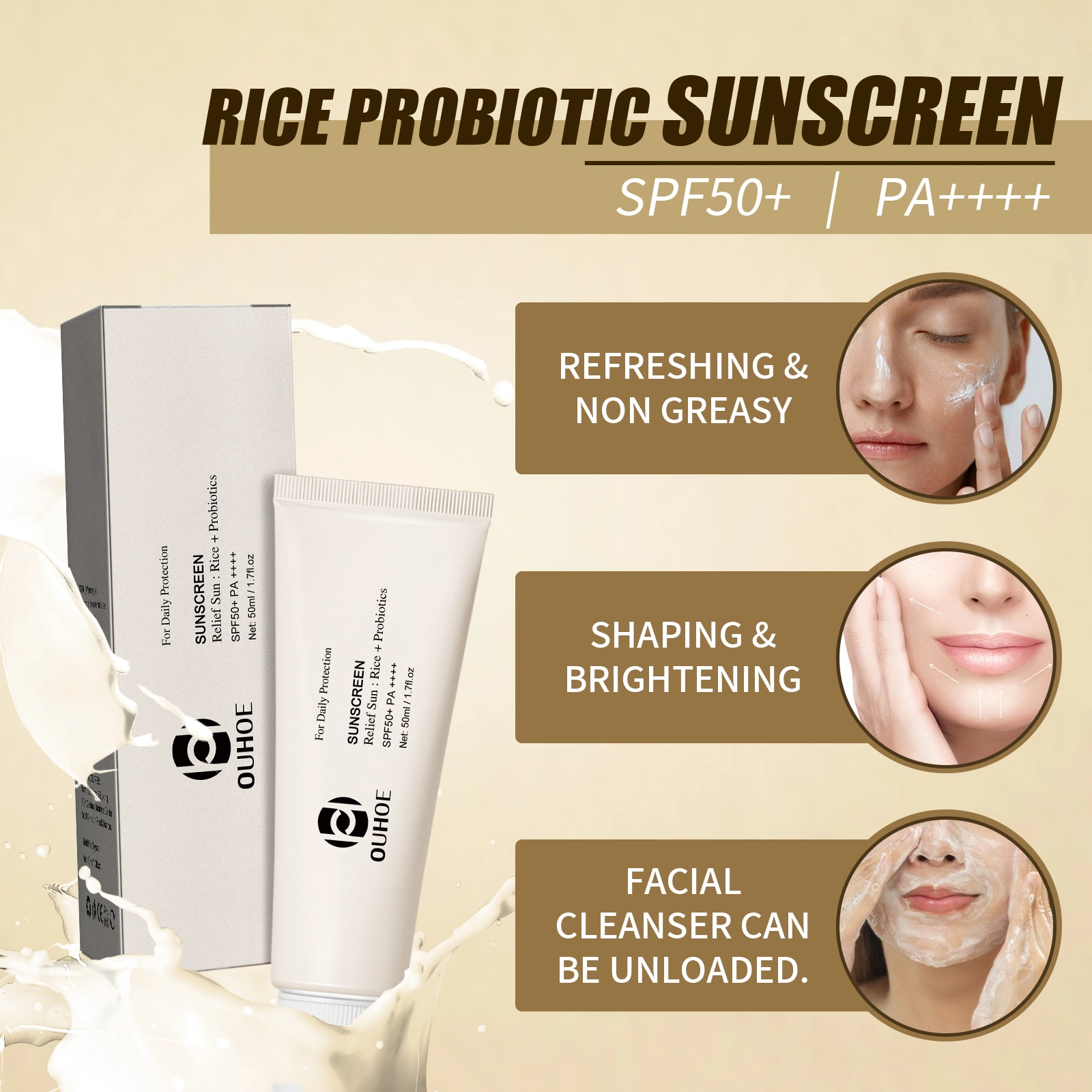 Rice Probiotic Sunscreen SPF 50+ Broad Spectrum UV Protection Moisturizing Cream