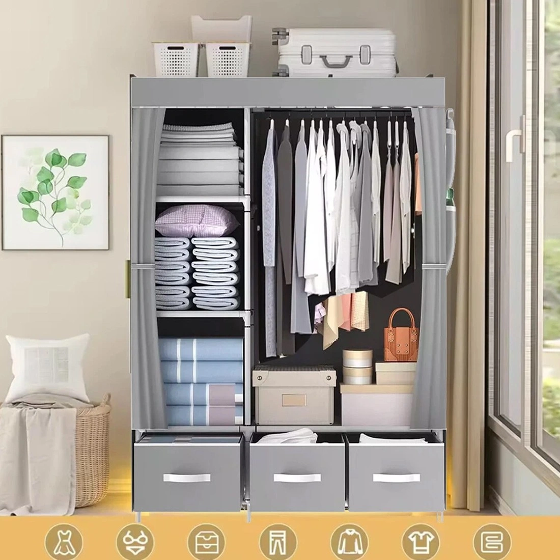 Large Fabric Canvas Wardrobe with Hanging Rail & Shelves, Portable Clothing Storage Closet Organizer