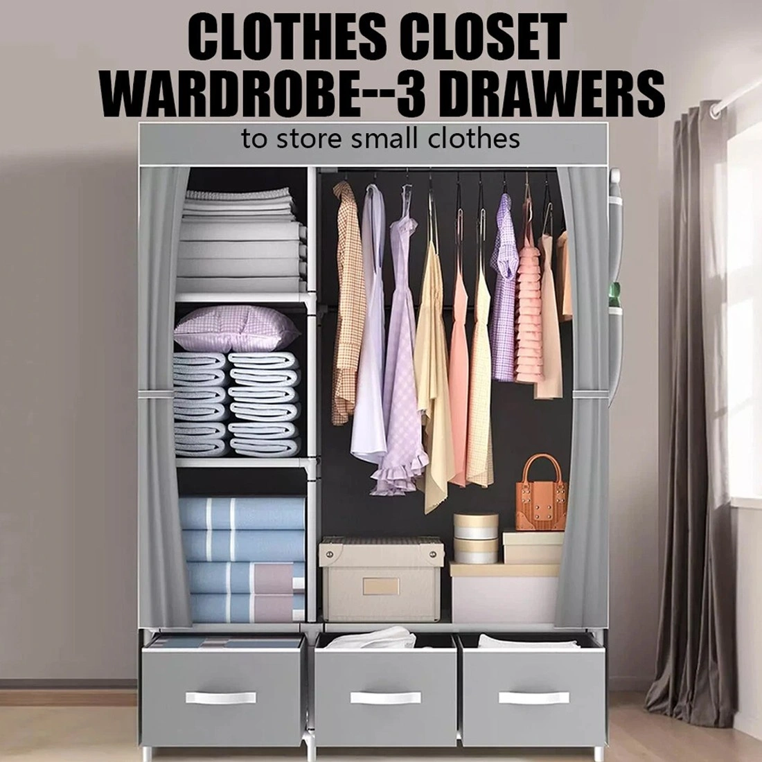 Large Fabric Canvas Wardrobe with Hanging Rail & Shelves, Portable Clothing Storage Closet Organizer view 3