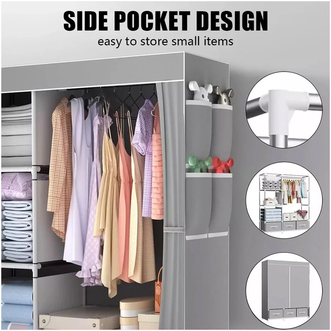 Large Fabric Canvas Wardrobe with Hanging Rail & Shelves, Portable Clothing Storage Closet Organizer view 4