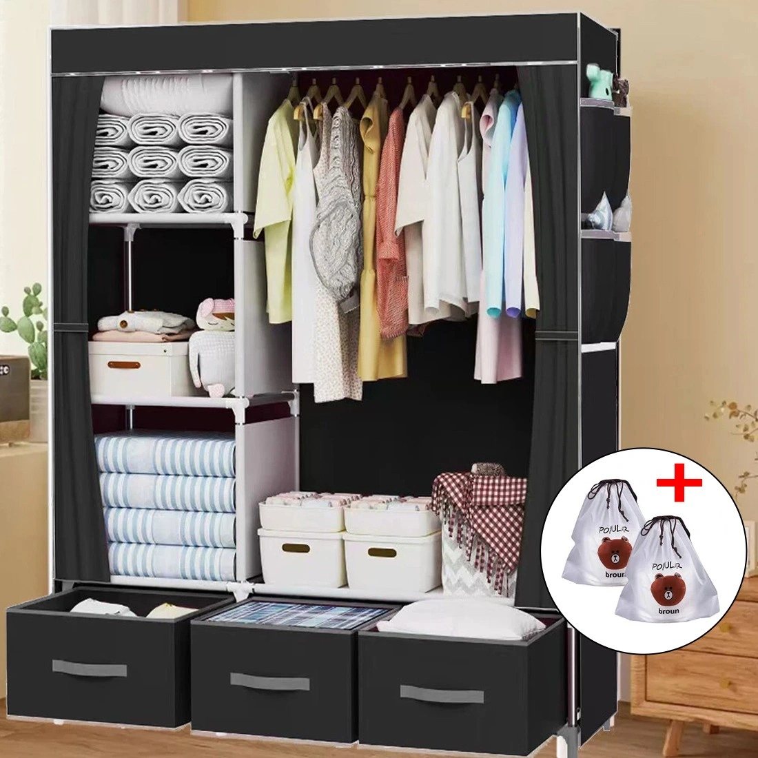 Large Fabric Canvas Wardrobe with Hanging Rail & Shelves, Portable Clothing Storage Closet Organizer view 5