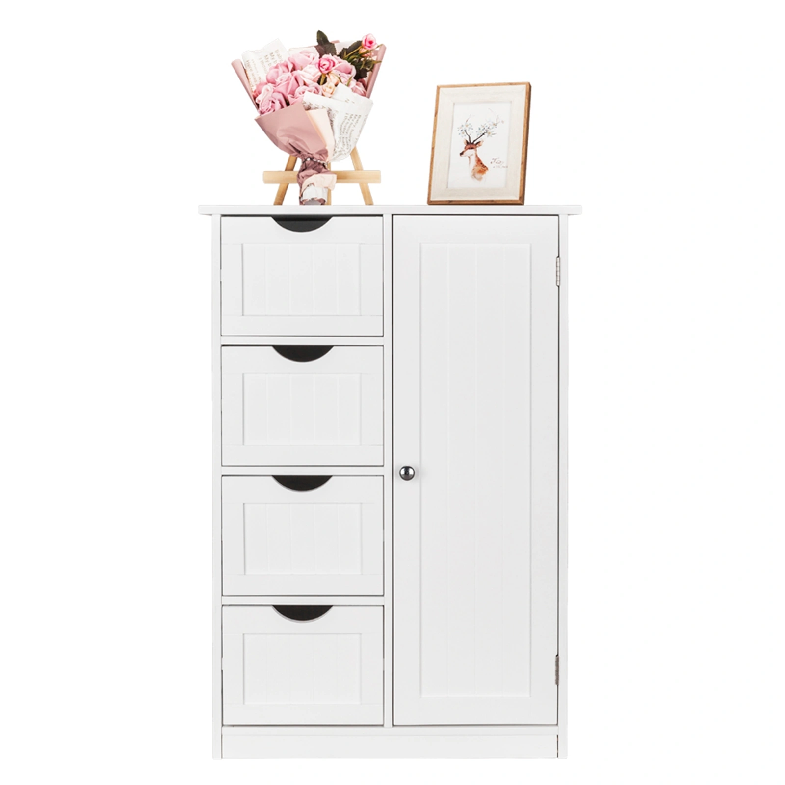 White Single-Door Bathroom Cabinet with 4 Drawers - Wall or Floor Storage Unit view 2