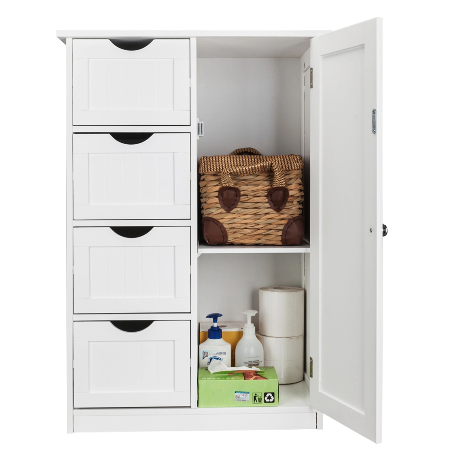 White Single-Door Bathroom Cabinet with 4 Drawers - Wall or Floor Storage Unit view 3