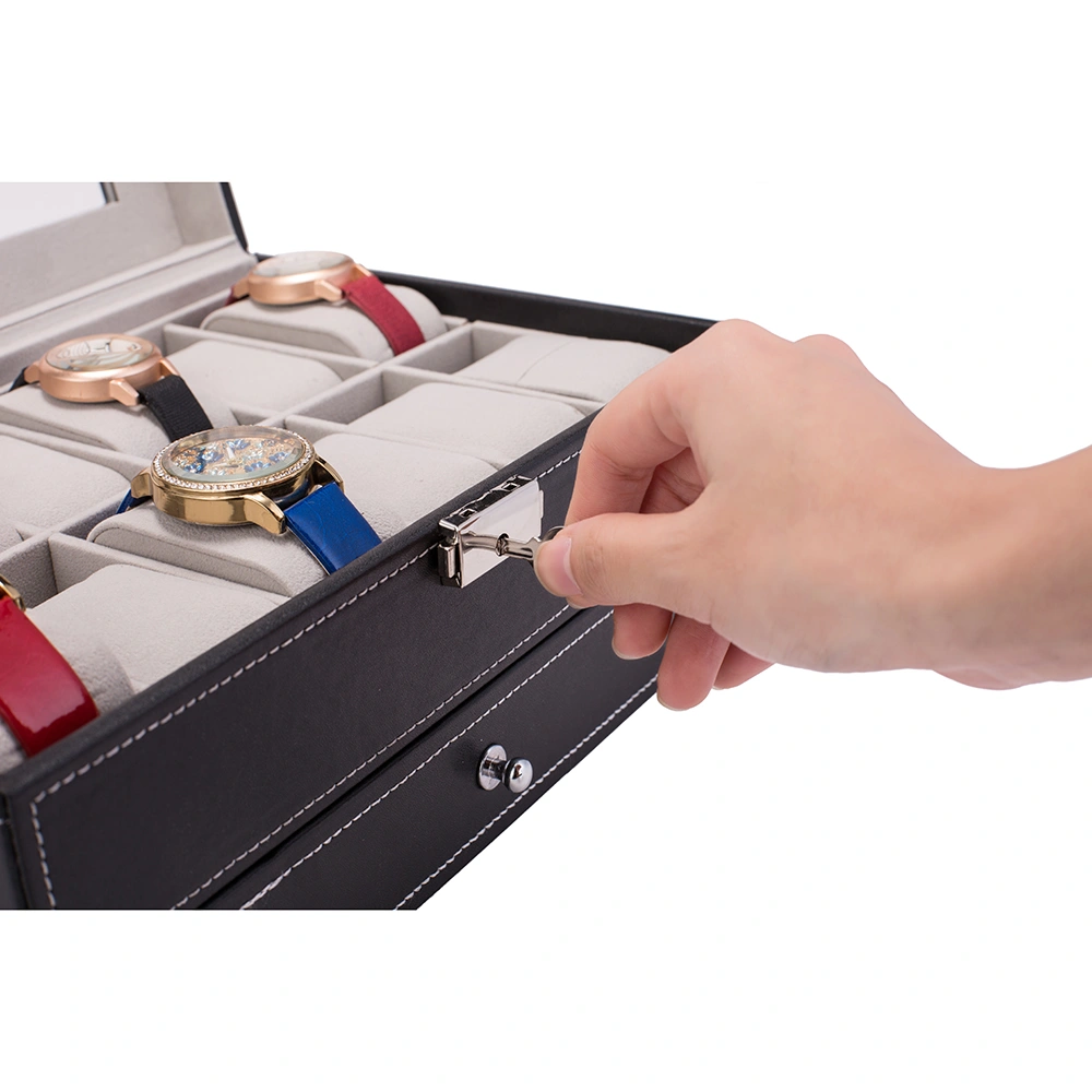 12-Slot Watch Box for Men, Lockable Watch Organizer & Jewelry Display Case, Real Glass Top, Faux Leather, Black view 2