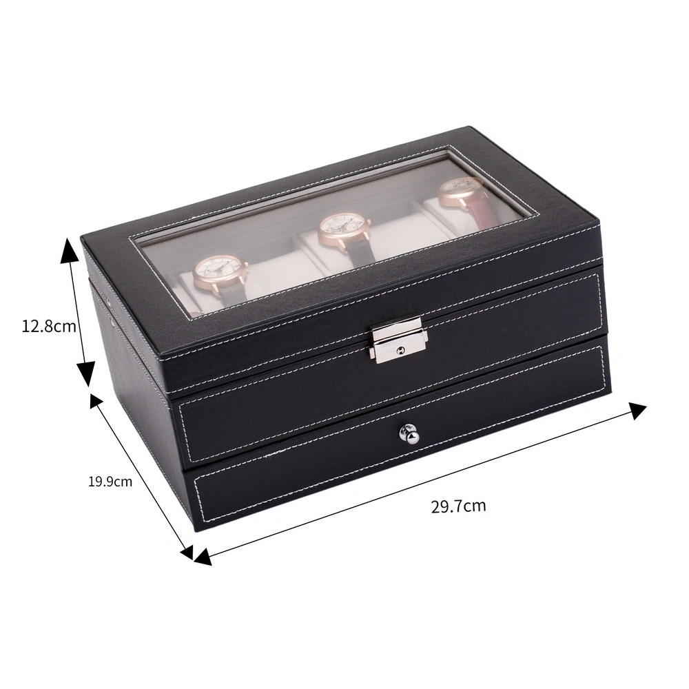 12-Slot Watch Box for Men, Lockable Watch Organizer & Jewelry Display Case, Real Glass Top, Faux Leather, Black view 3