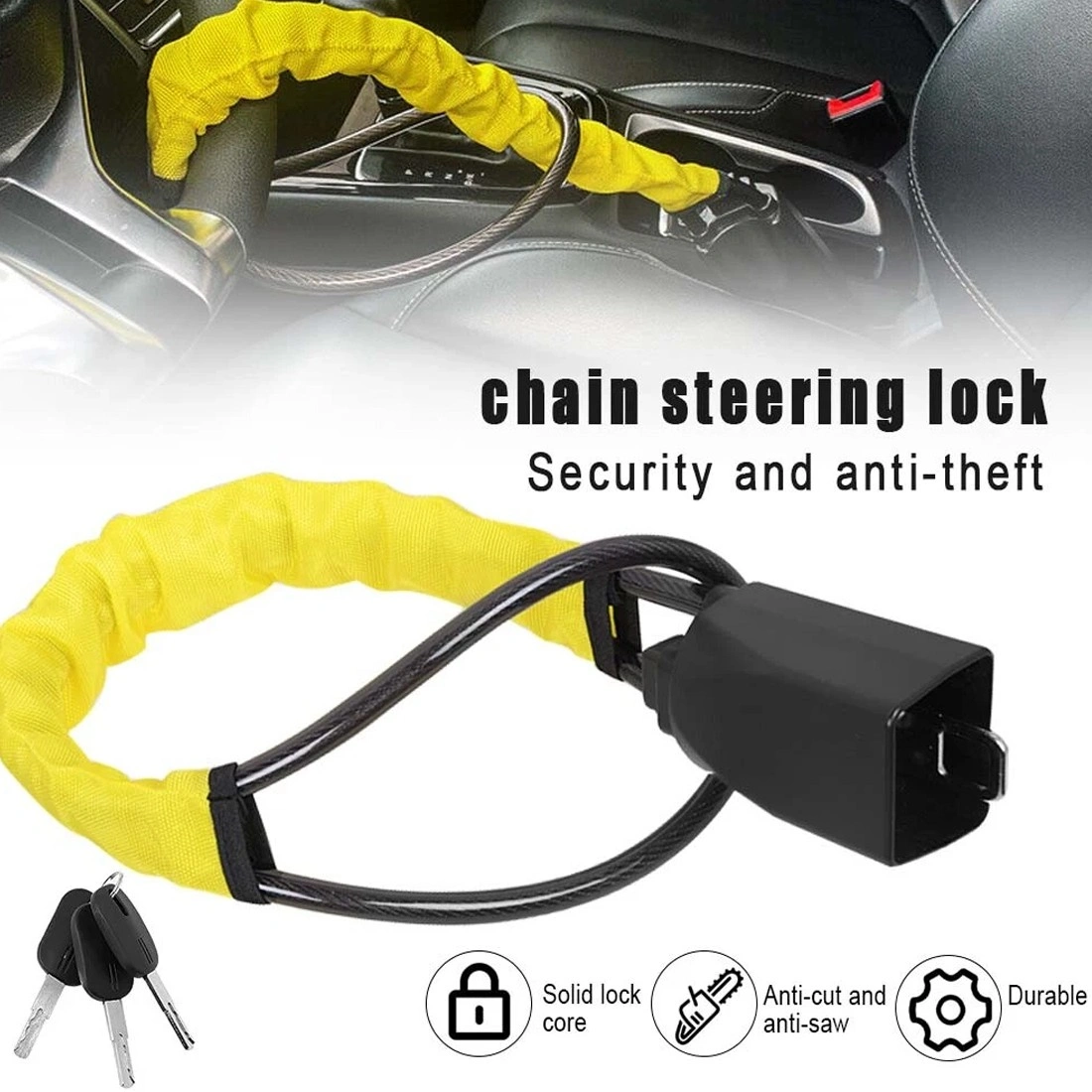 Heavy Duty Steering Wheel Lock Anti-Theft Car Security Device Seat Belt Lock with LED Light Alarm view 2
