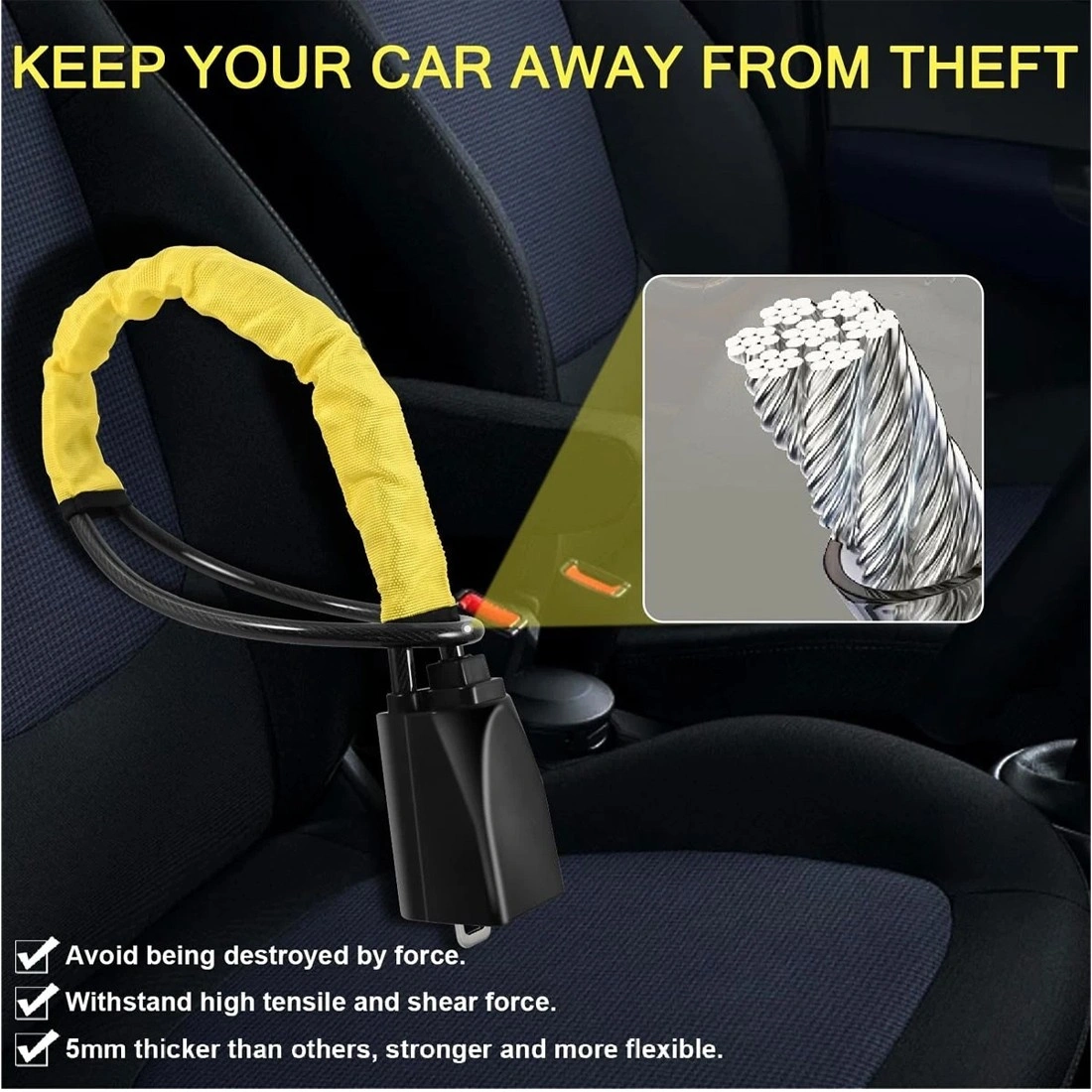 Heavy Duty Steering Wheel Lock Anti-Theft Car Security Device Seat Belt Lock with LED Light Alarm view 3