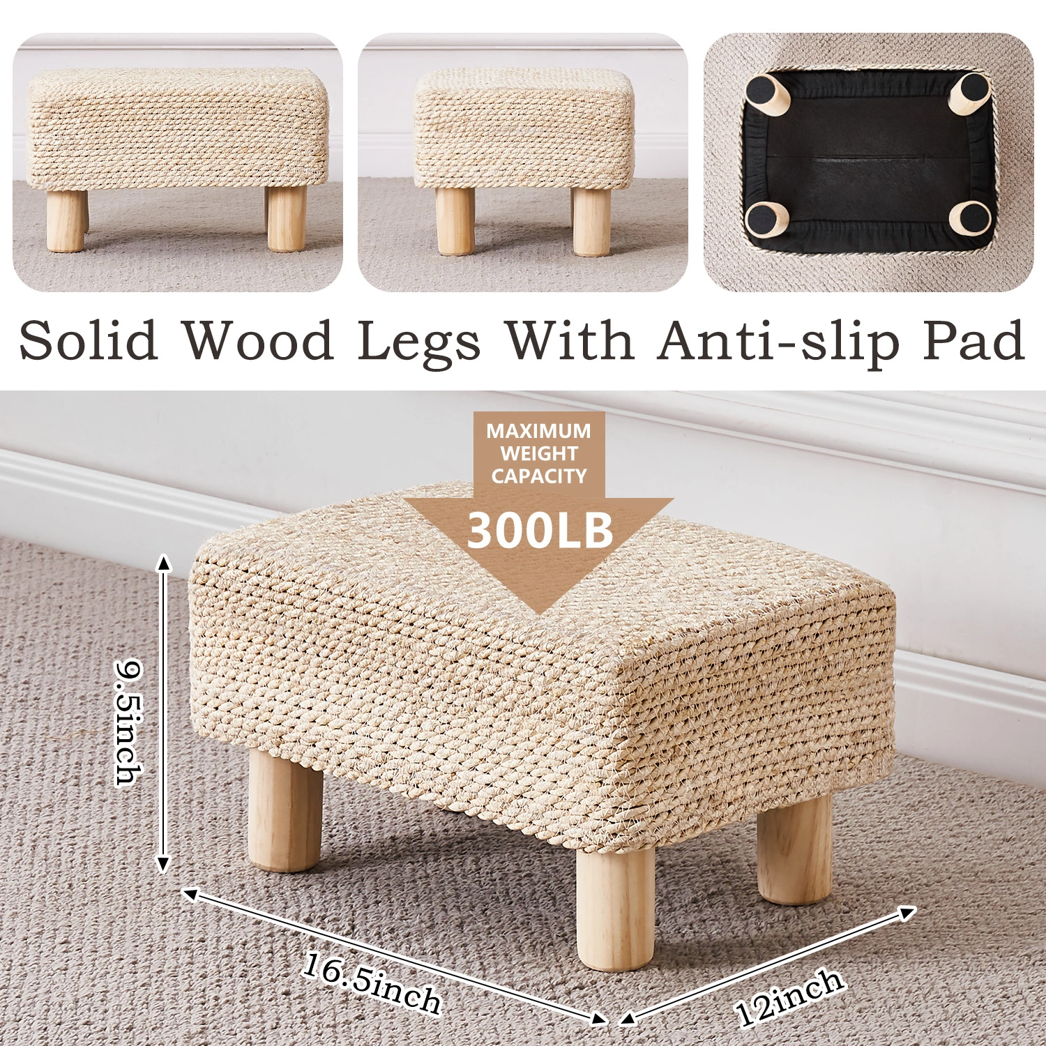 Rectangular Seagrass Foot Stool Ottoman, Hand Woven Natural Footrest Pouf with Wooden Legs for Living Room view 2
