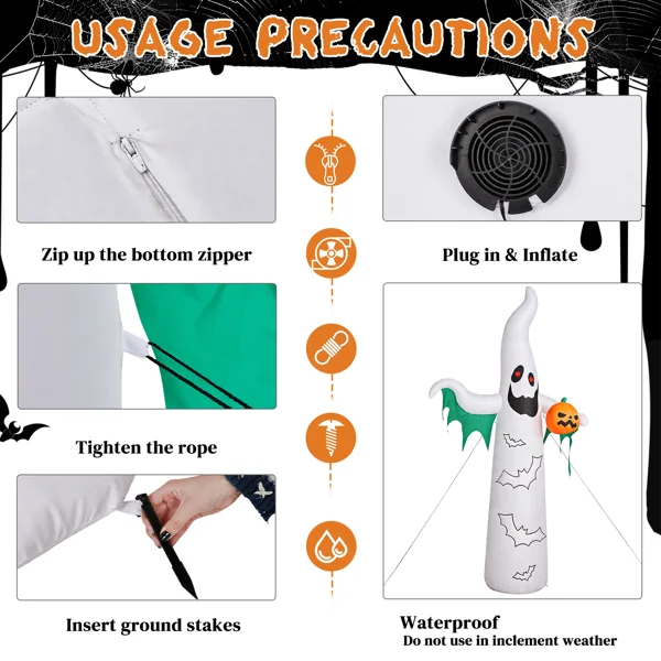 12ft Inflatable Halloween Decor with Flashing Bats & White Ghosts, 4 LED Lights + 82 String Lights, White & Green, 12V 1500mA US Power Adapter view 4