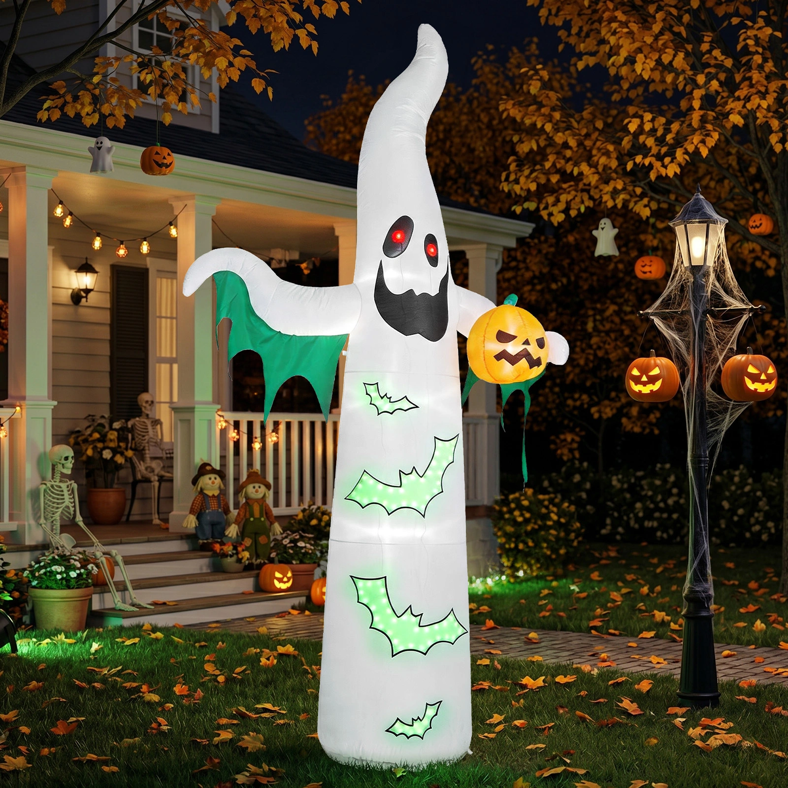 12ft Inflatable Halloween Decor with Flashing Bats & White Ghosts, 4 LED Lights + 82 String Lights, White & Green, 12V 1500mA US Power Adapter view 11