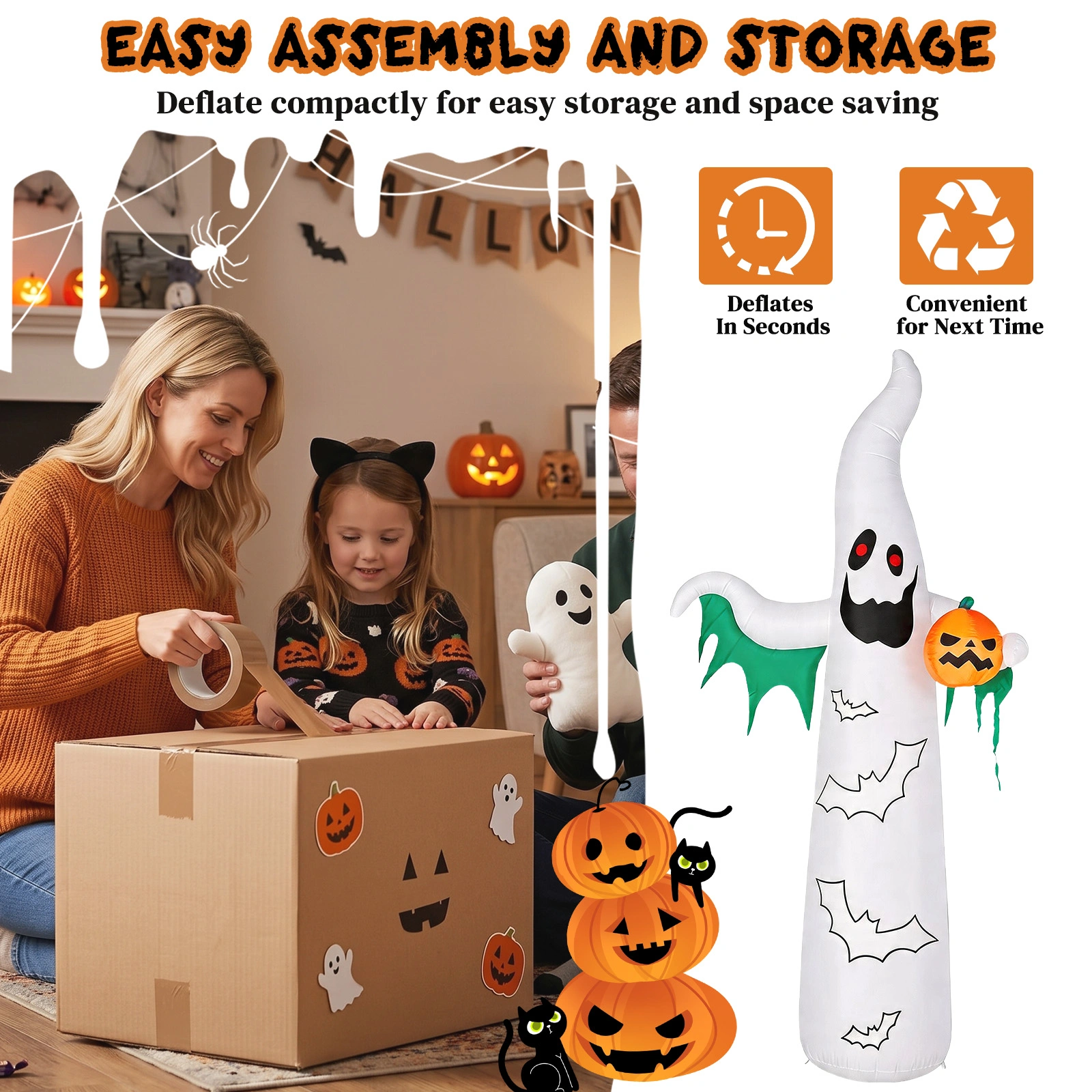 12ft Inflatable Halloween Decor with Flashing Bats & White Ghosts, 4 LED Lights + 82 String Lights, White & Green, 12V 1500mA US Power Adapter view 2
