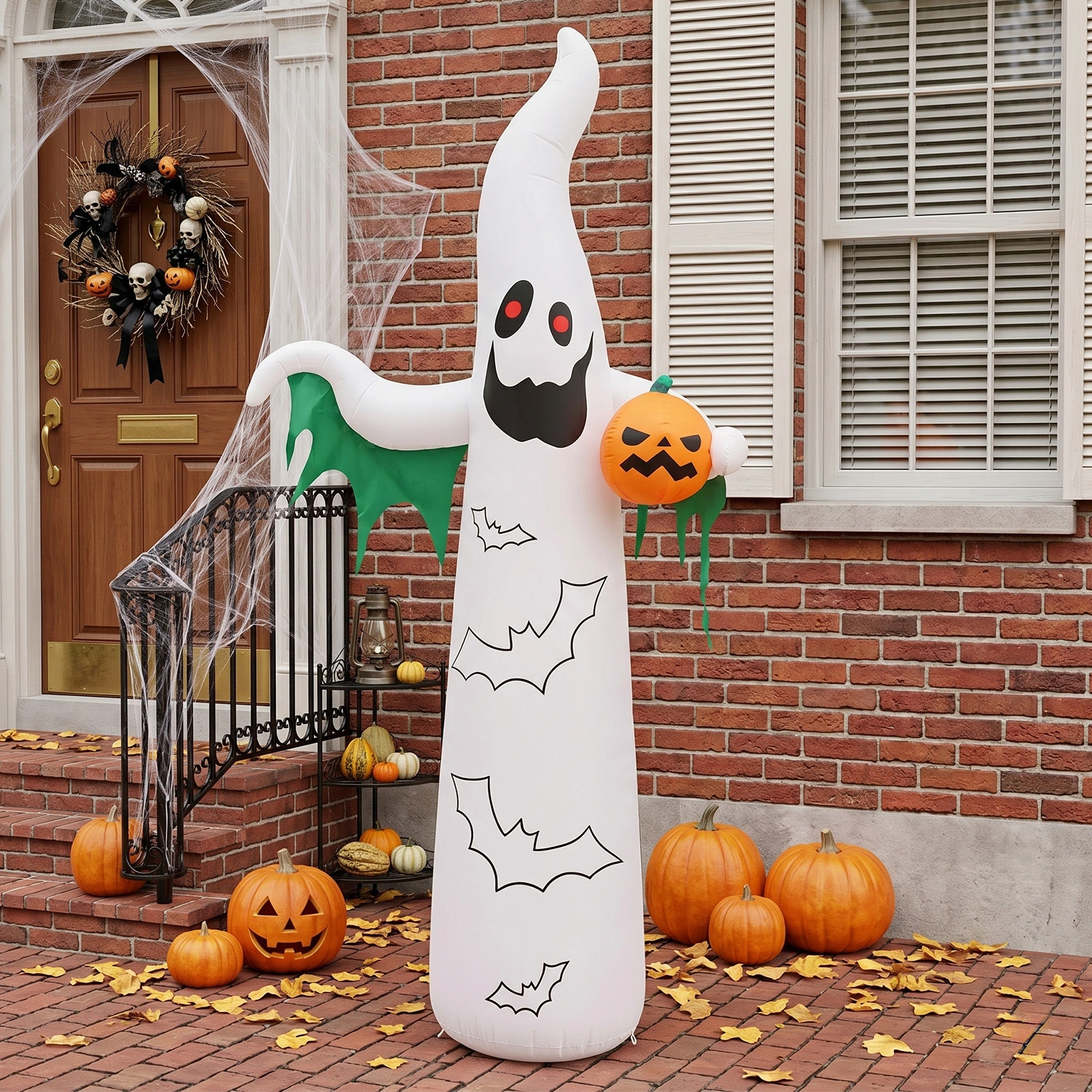 12ft Inflatable Halloween Decor with Flashing Bats & White Ghosts, 4 LED Lights + 82 String Lights, White & Green, 12V 1500mA US Power Adapter view 9