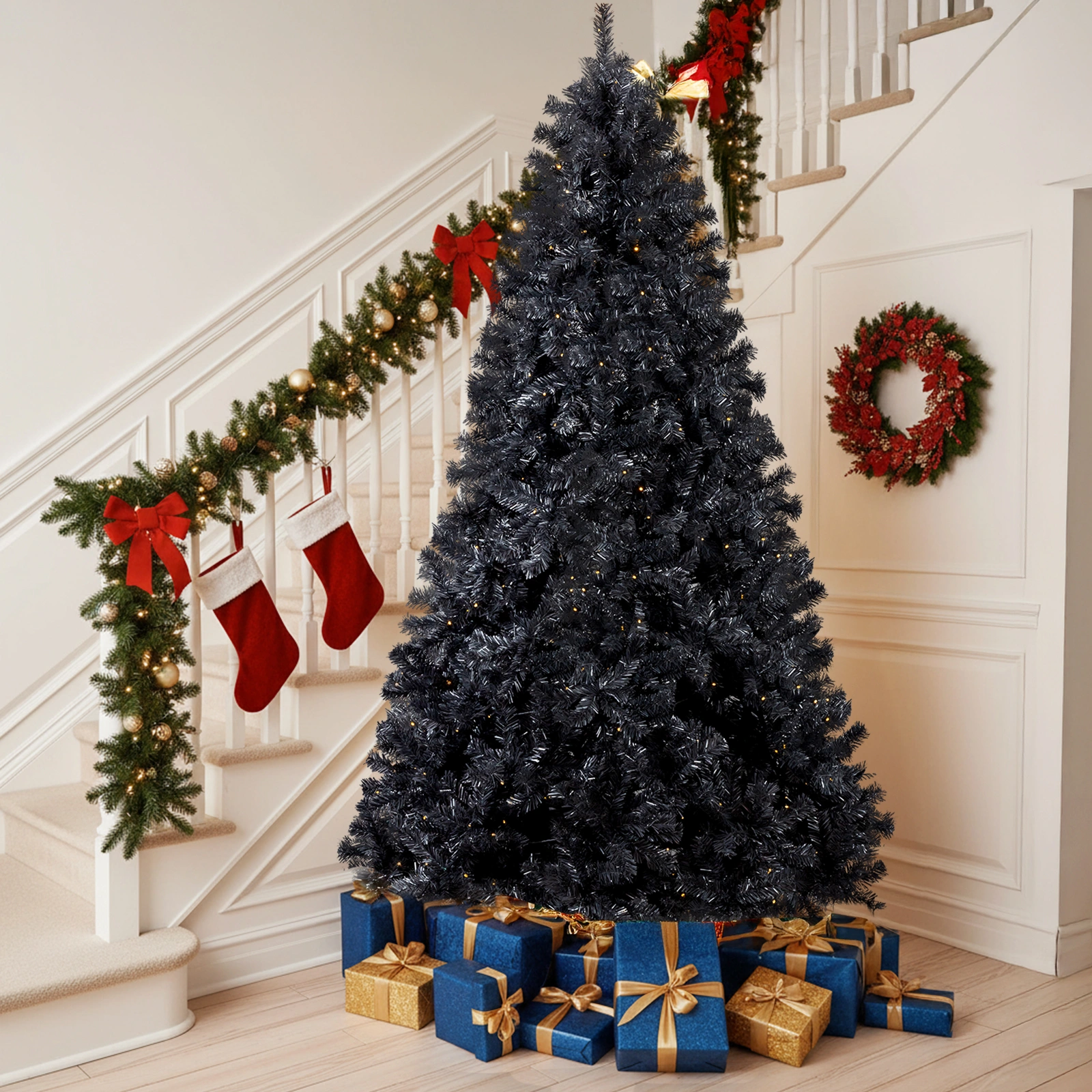 7.5 FT Pre-lit Artificial Christmas Tree, Hinged Xmas Pine Tree with 1350 Branch Tips, 400 Lights and Remote Control for Holiday Party Office Home, Black view 2