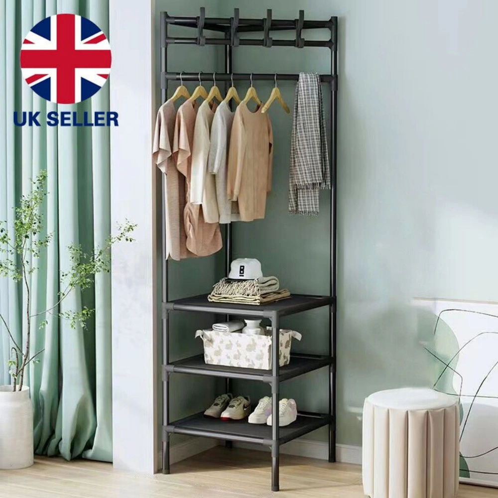 Corner Coat Stand Metal Clothes Hanging Rail Shoe Rack Hanger with 3 Tier Shelf Storage view 2